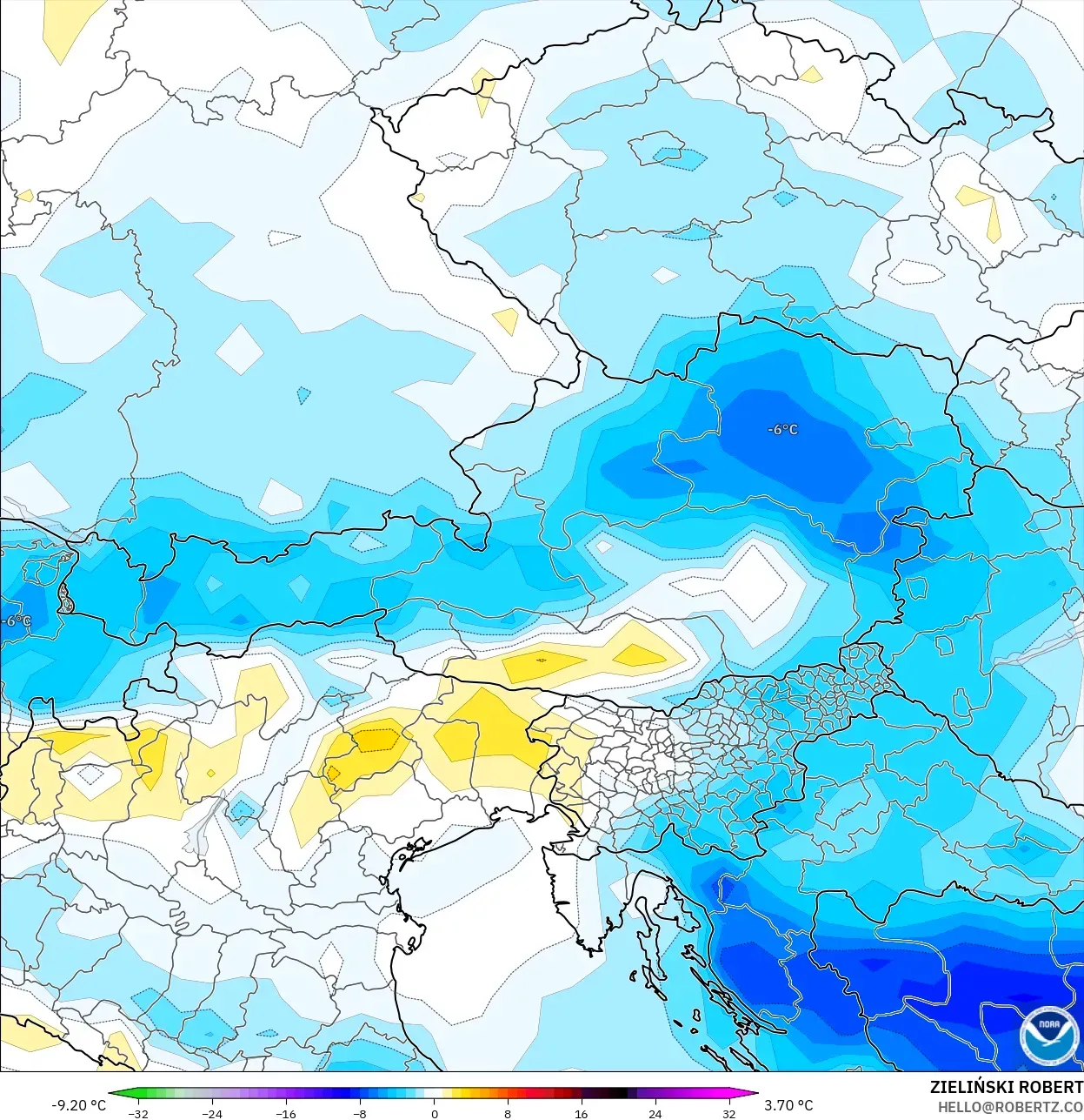 GFS model - Austria, Temperature at 2m Anomaly