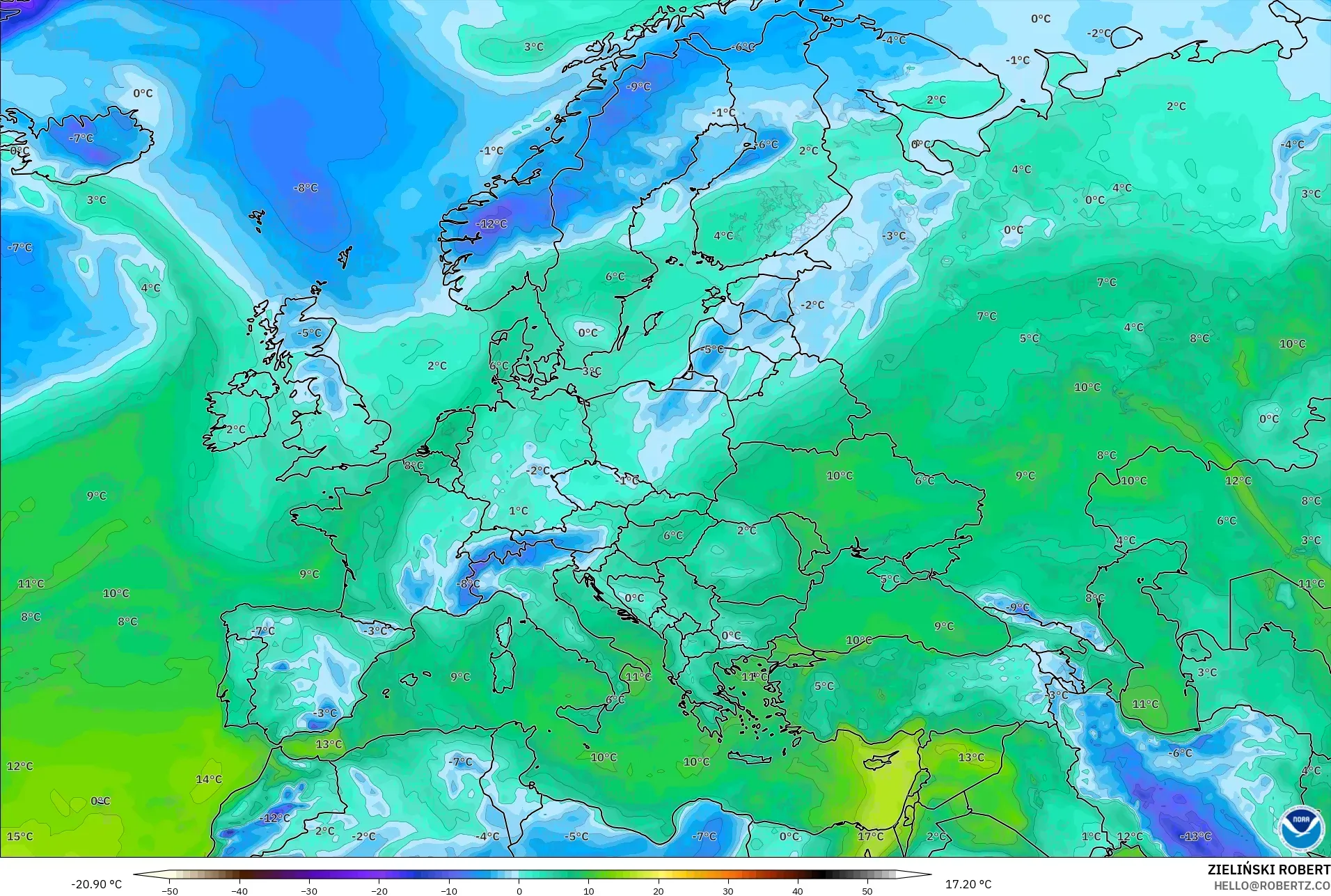 GFS model - Europe, Dewpoint at 2m