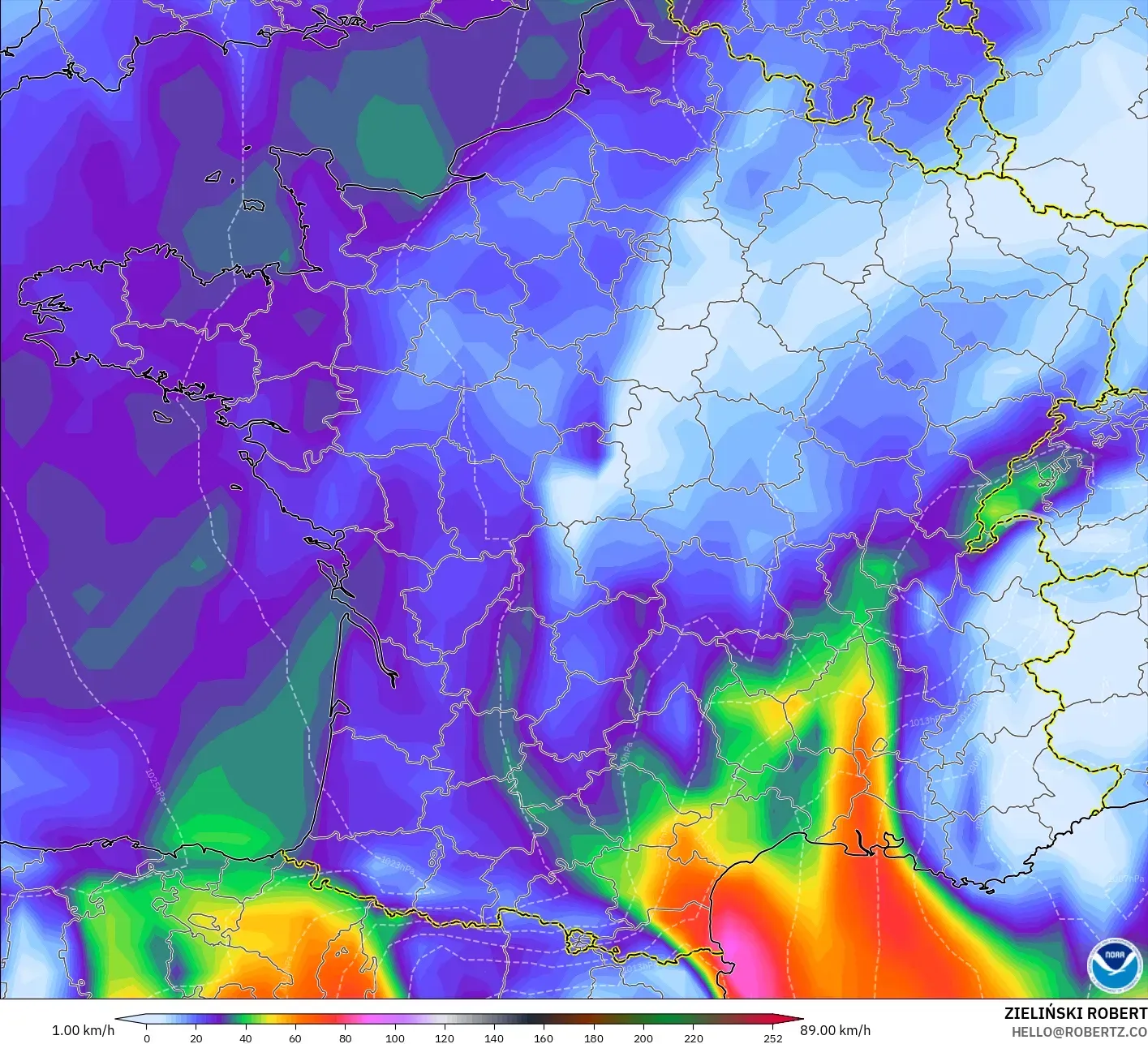 GFS model - France, Wind Gusts Peak