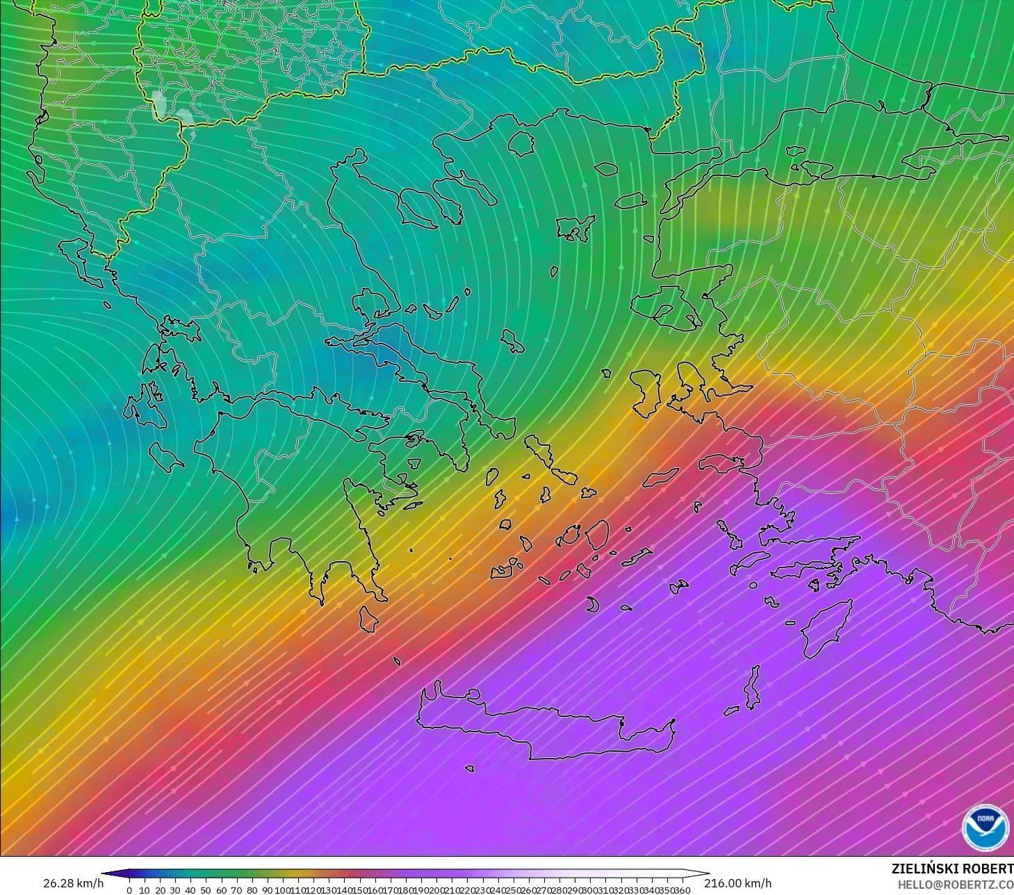 GFS model - Greece, Wind at 300hPa (jet stream)
