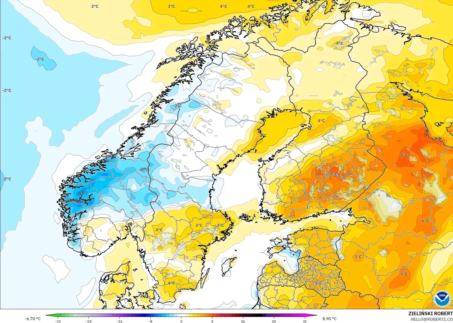 GFS model - Scandinavia, Temperature at 2m Anomaly