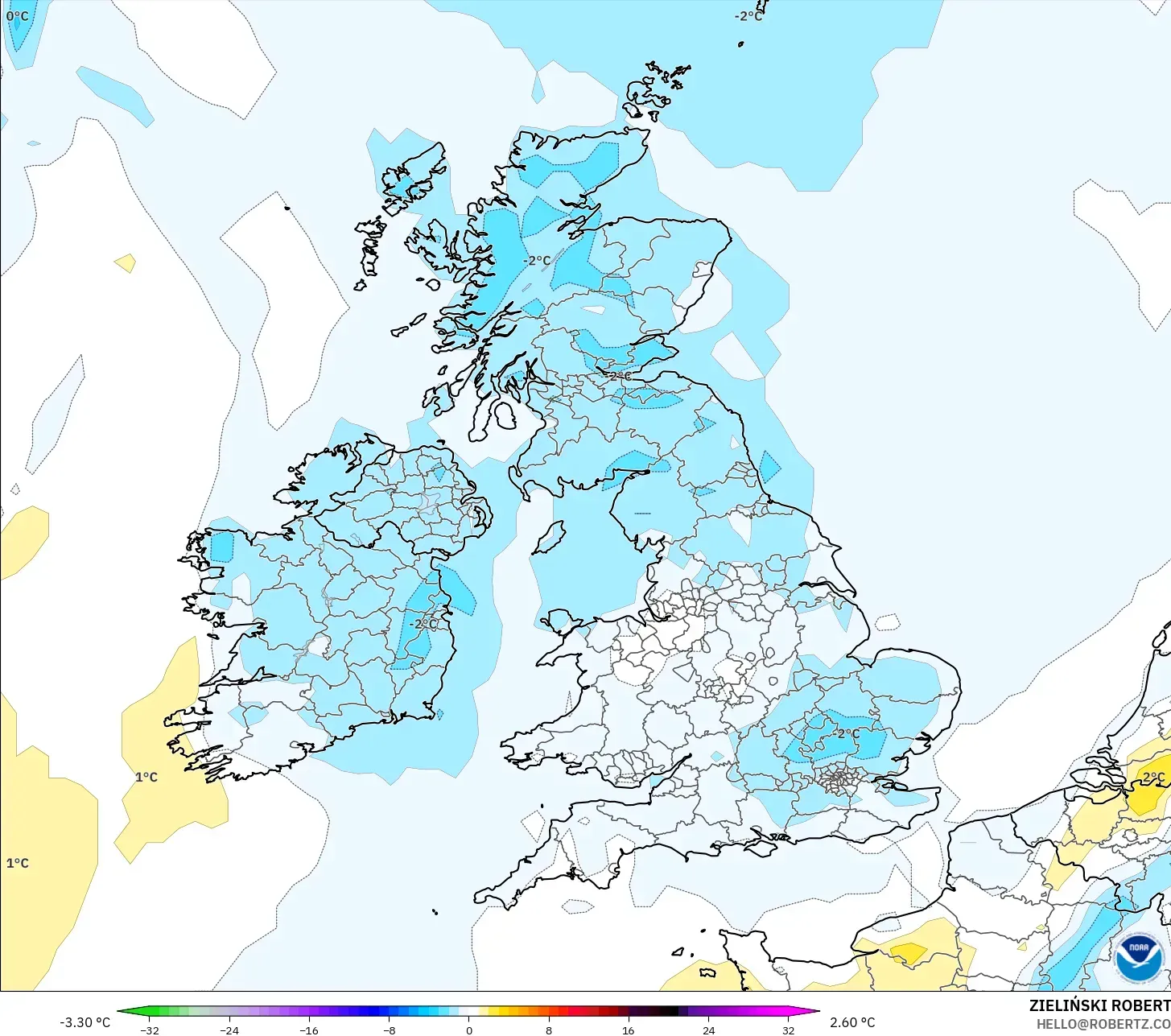 GFS model - United Kingdom, Temperature at 2m Anomaly