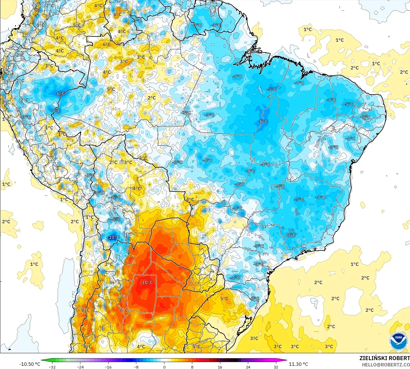 GFS model - Brazil, Temperature at 2m Anomaly