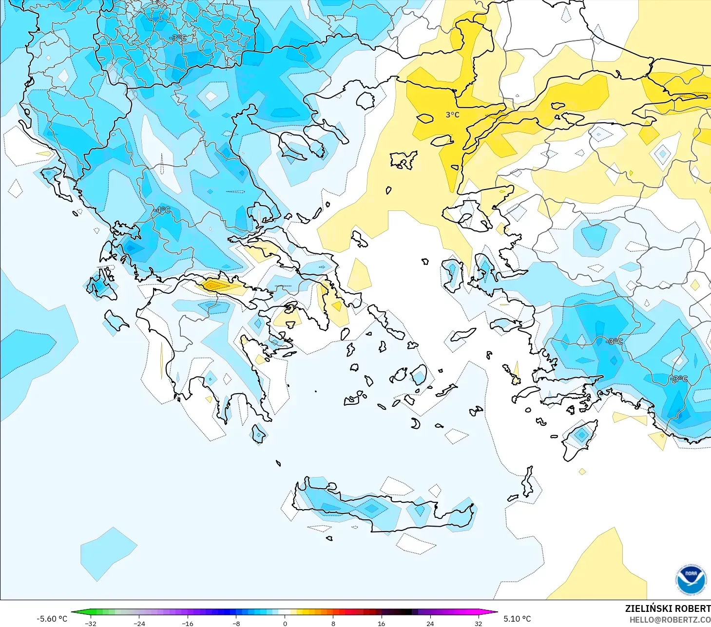 GFS model - Greece, Temperature at 2m Anomaly