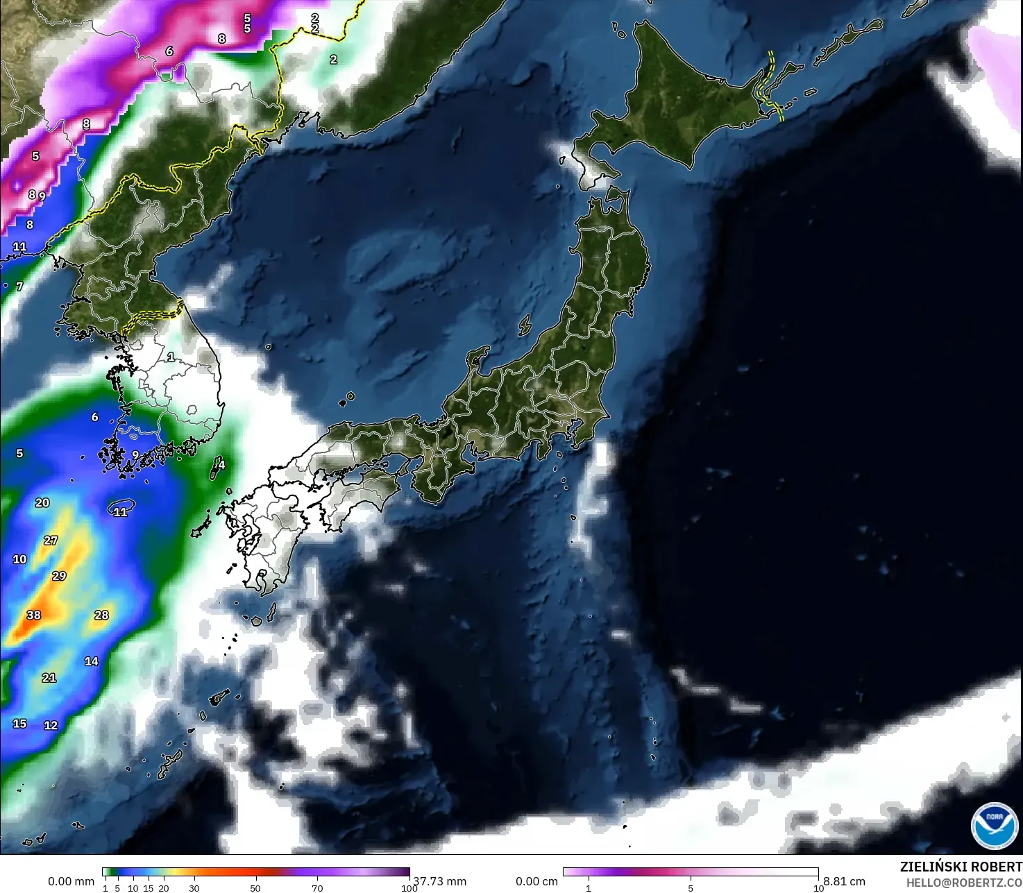 GFS model - Japan, Precipitation, Clouds, and Pressure
