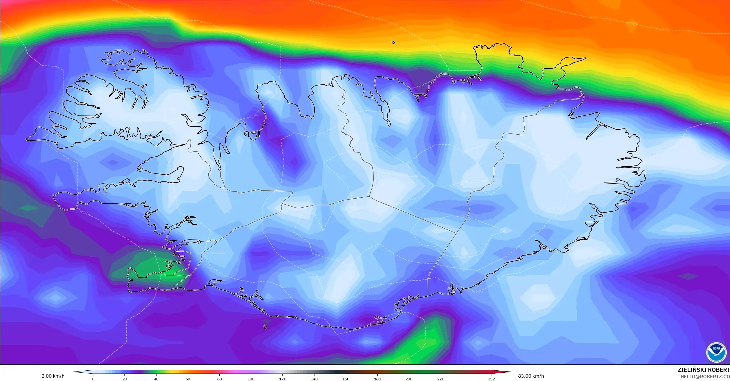 GFS model - Iceland, Wind Gusts Peak