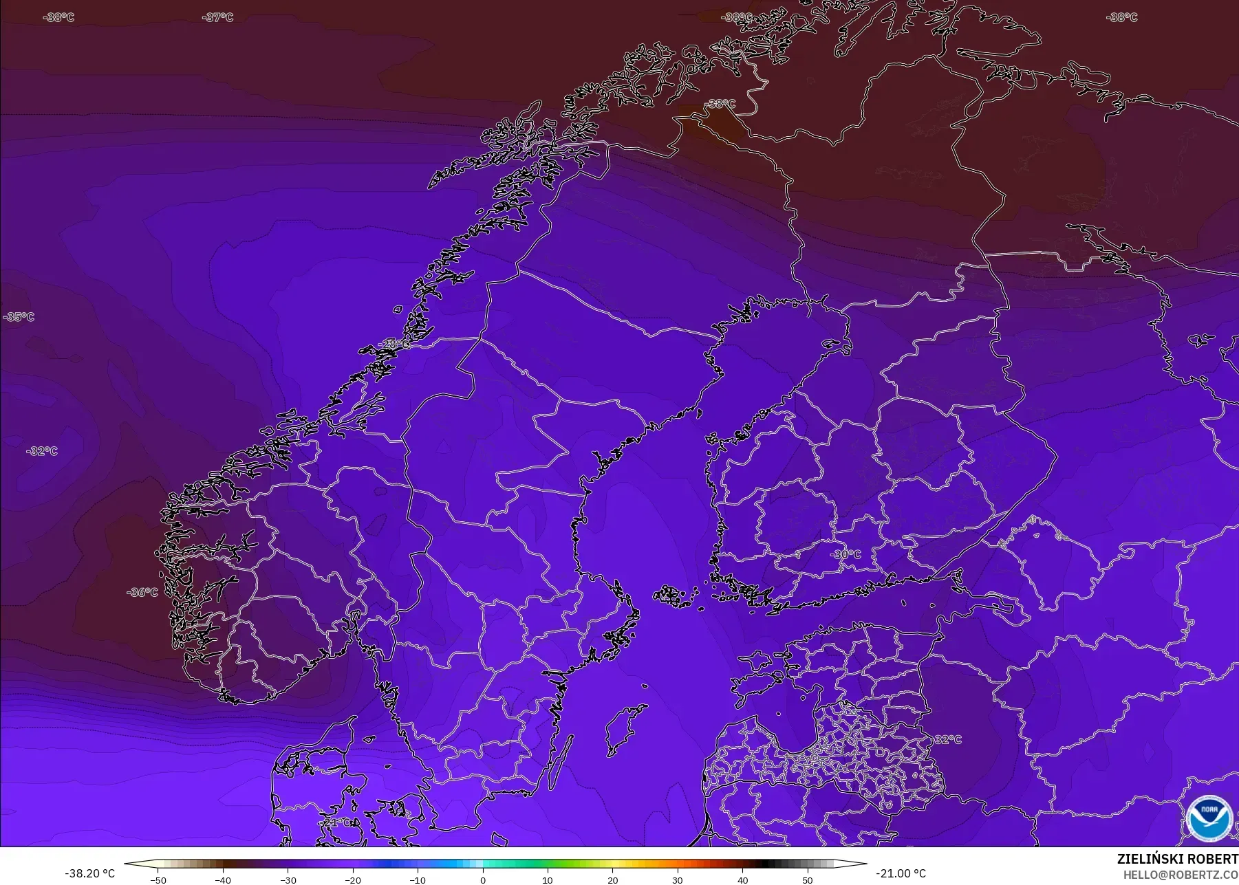 GFS model - Scandinavia, Temperature at 500hPa