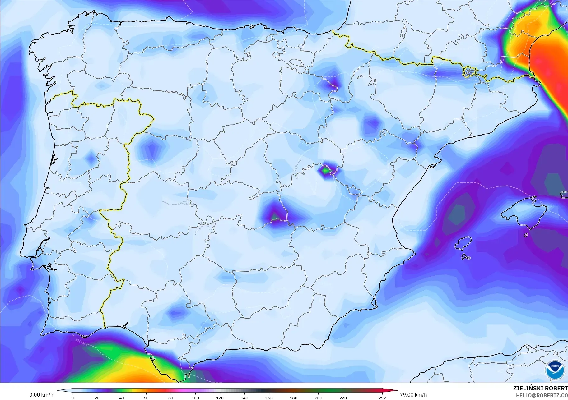 GFS model - Spain, Wind Gusts Peak