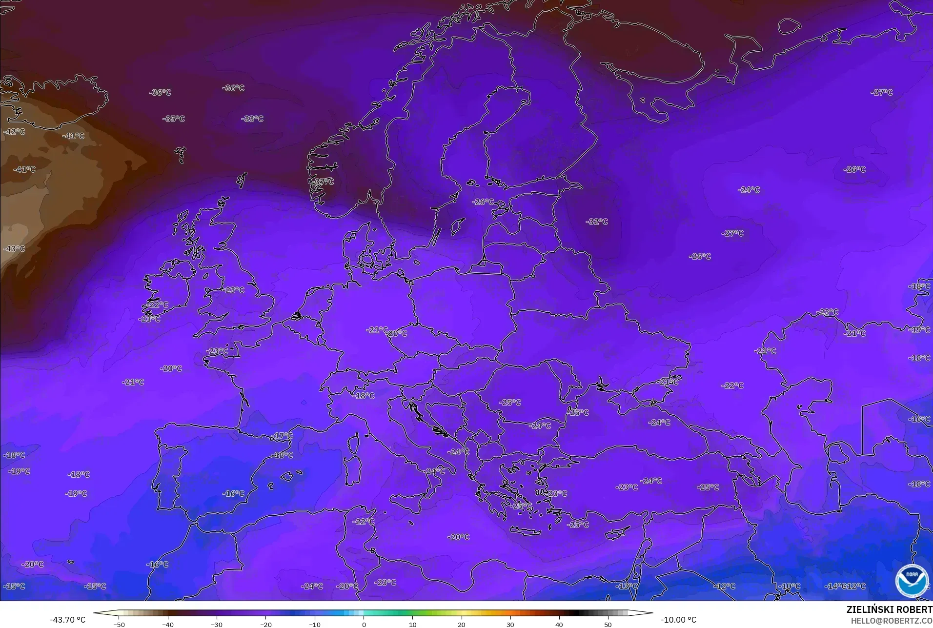 GFS model - Europe, Temperature at 500hPa