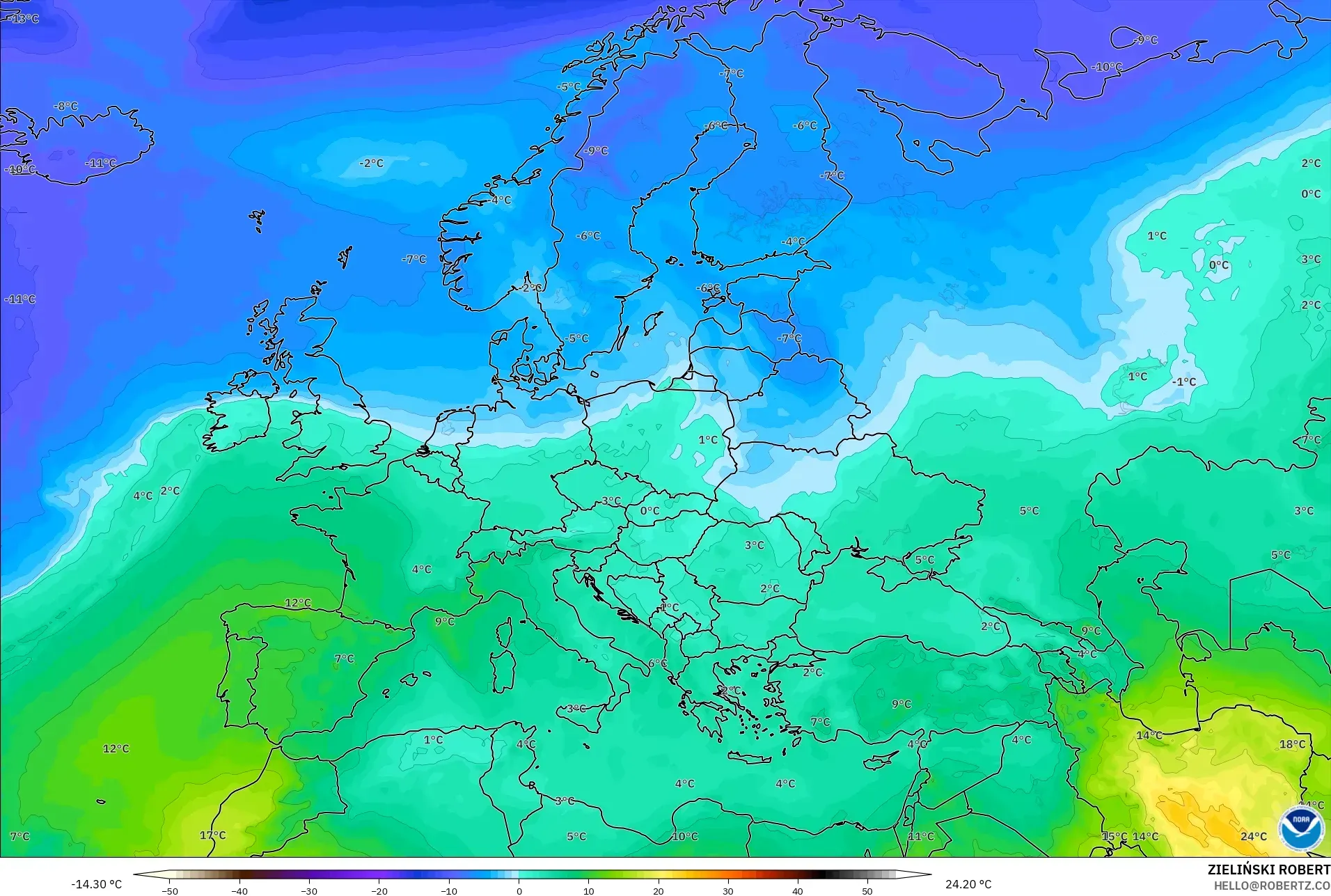 GFS model - Europe, Temperature at 850hPa