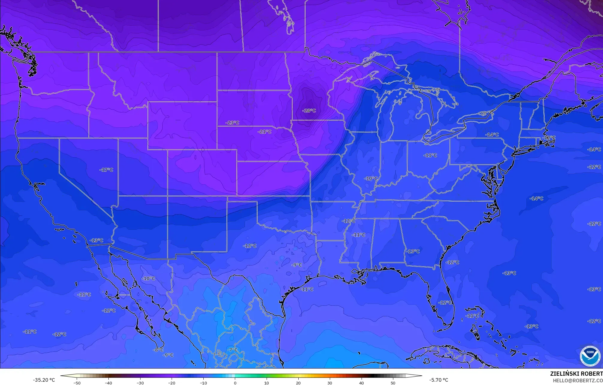 GFS model - United States, Temperature at 500hPa