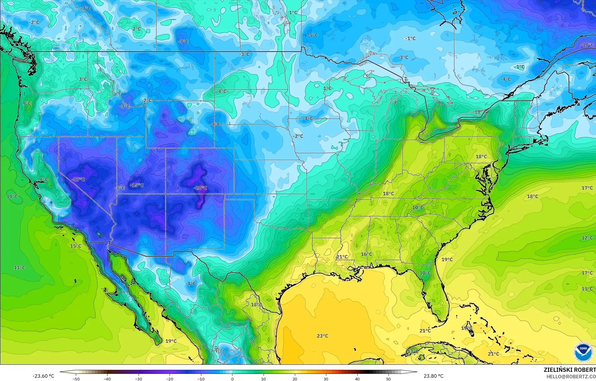 GFS model - United States, Dewpoint at 2m