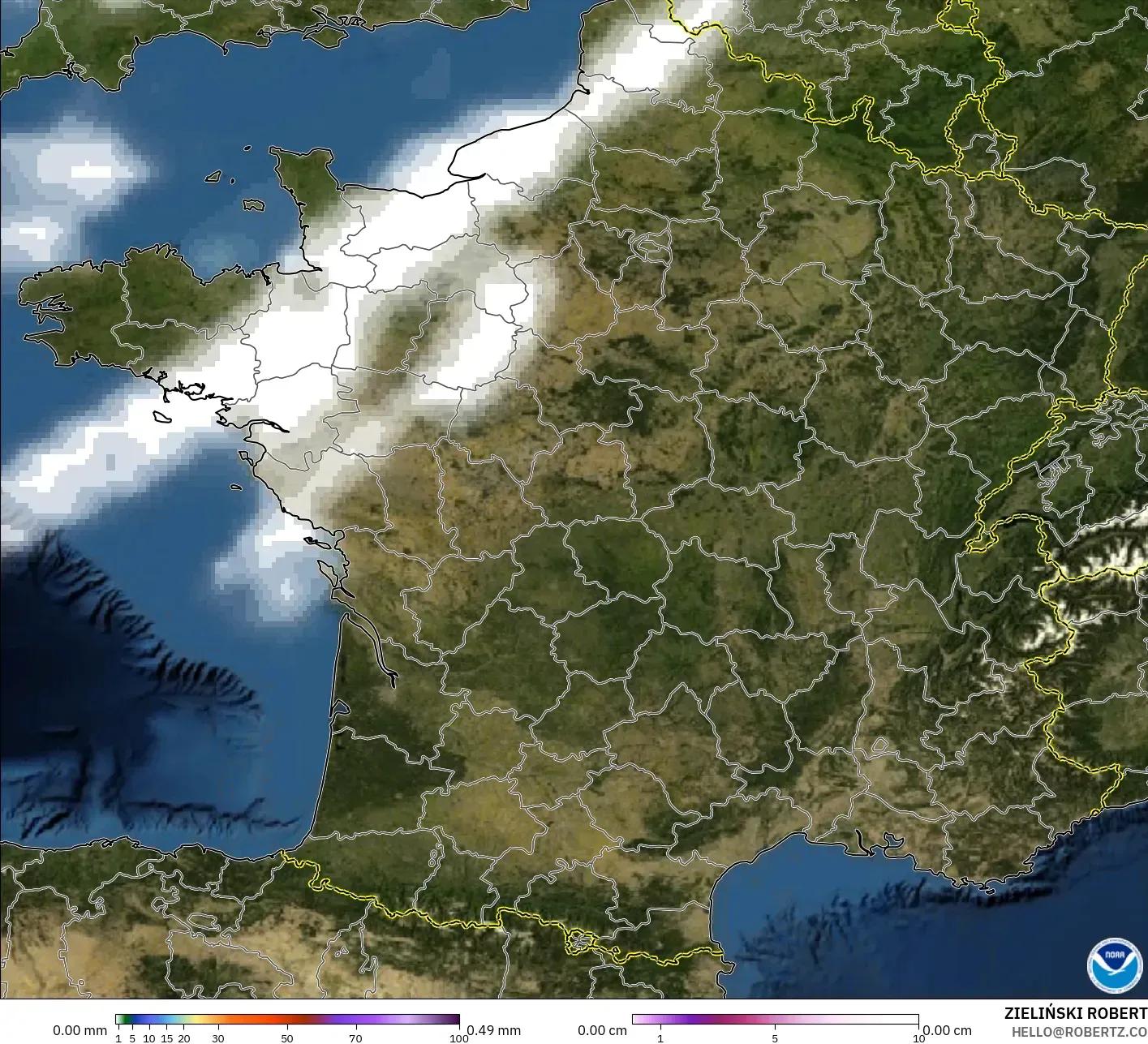 GFS model - France, Precipitation, Clouds, and Pressure