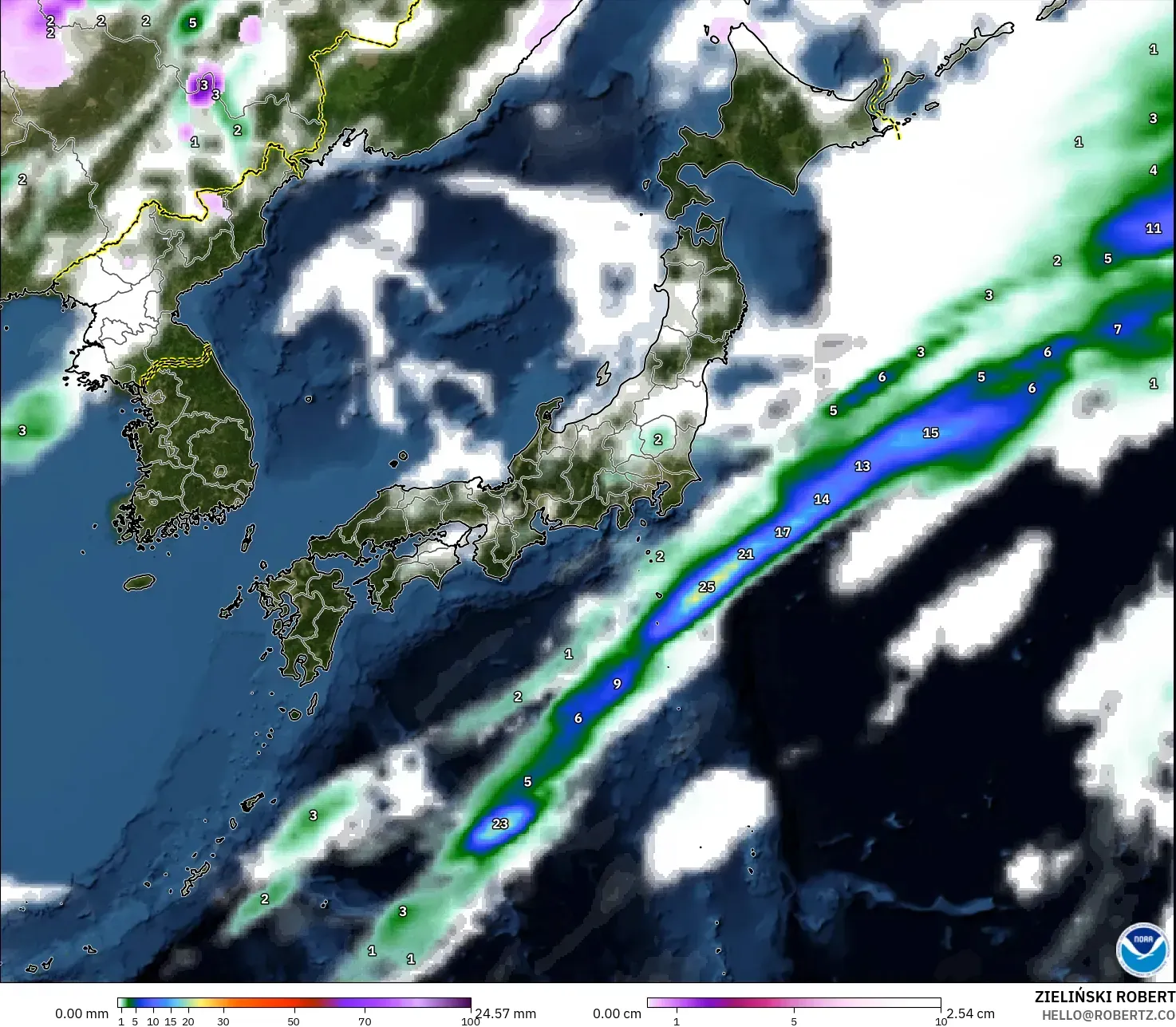 GFS model - Japan, Precipitation, Clouds, and Pressure