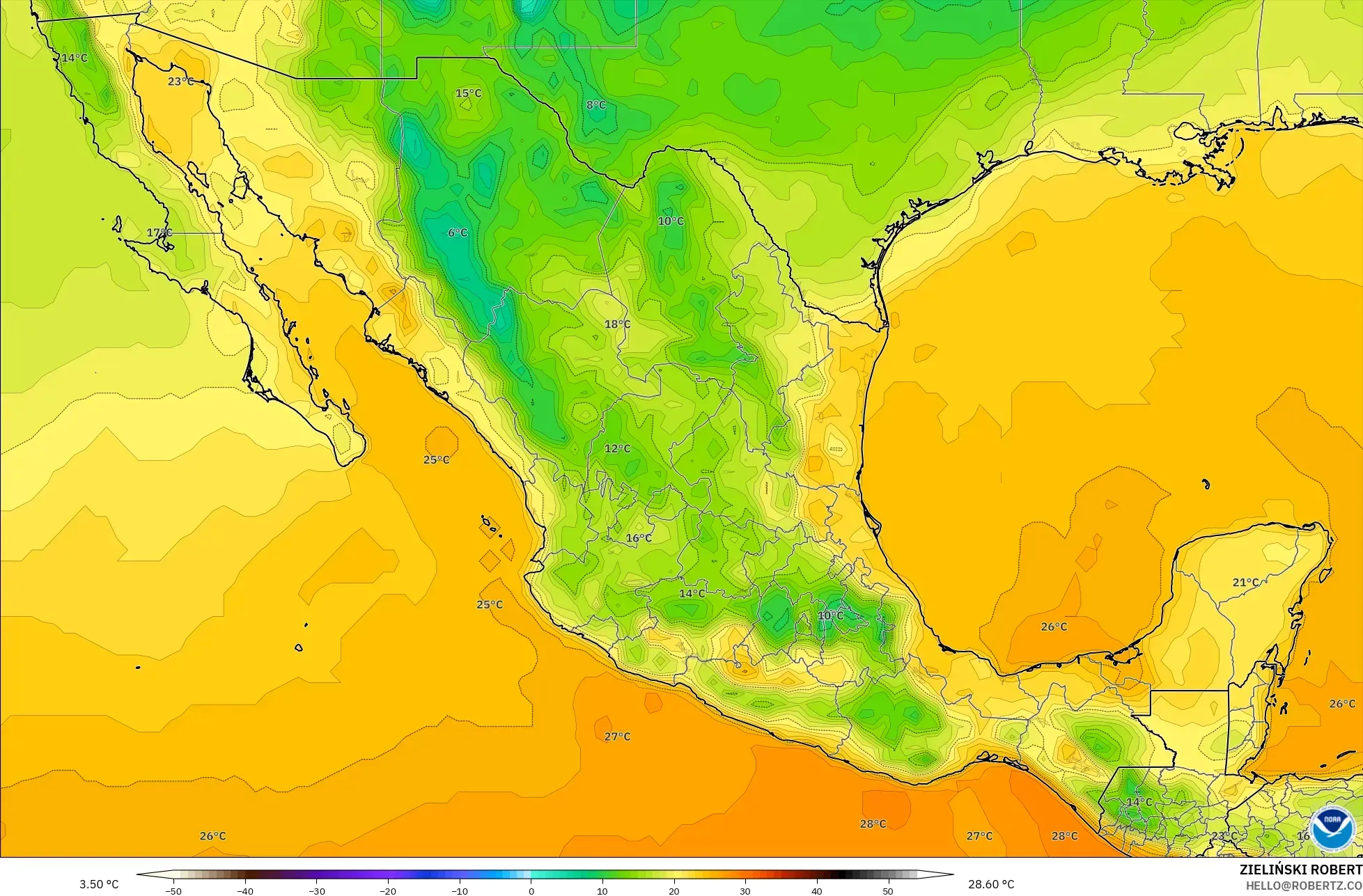 GFS model - Mexico, Temperature at 2m