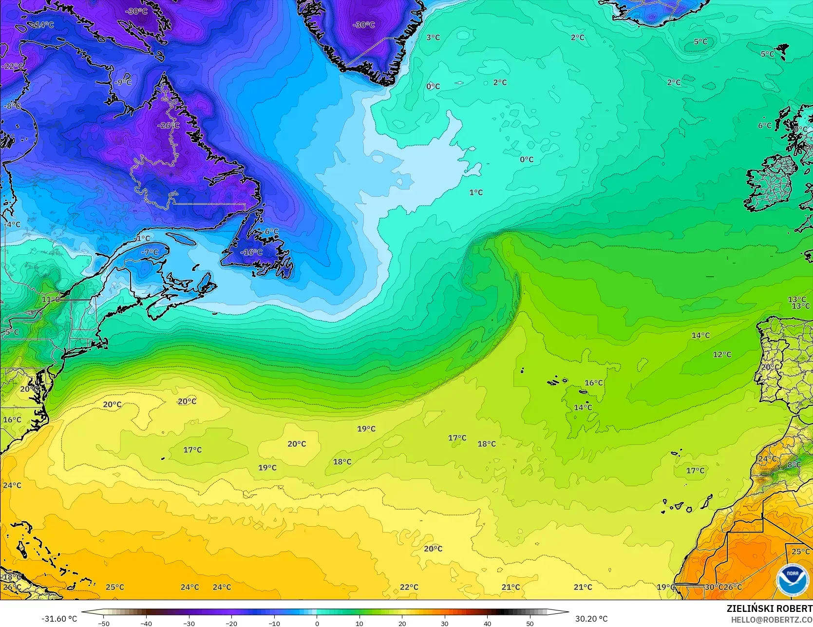 GFS model - North Atlantic, Temperature at 2m