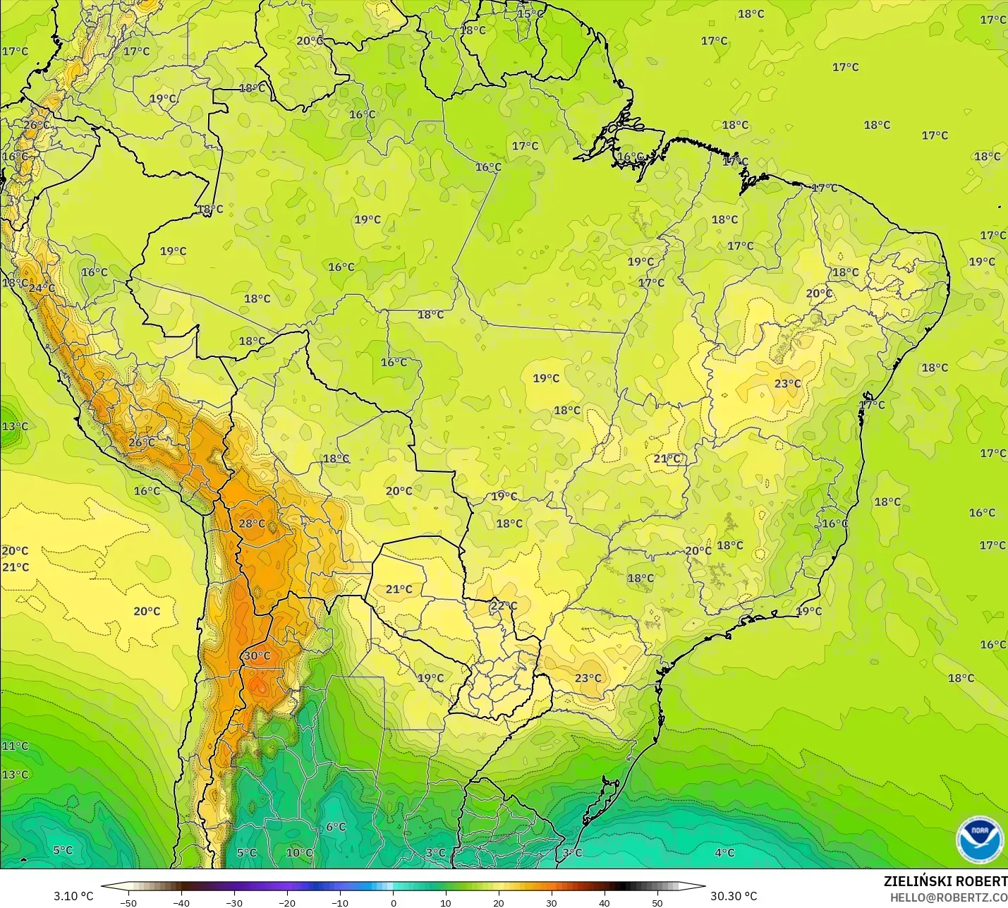 GFS model - Brazil, Temperature at 850hPa