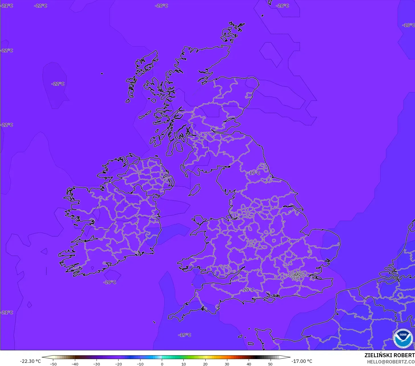 GFS model - United Kingdom, Temperature at 500hPa