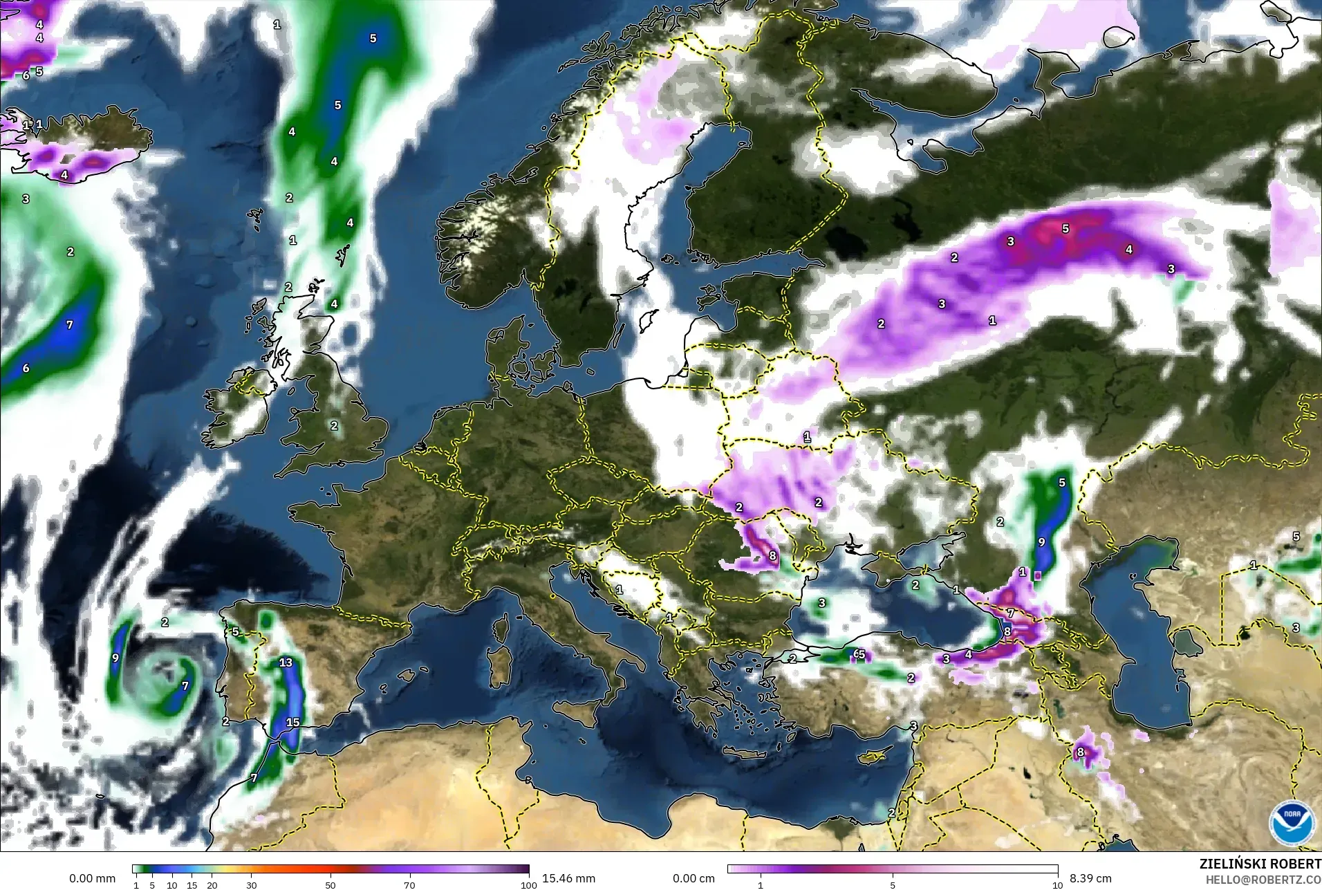 GFS model - Europe, Precipitation, Clouds, and Pressure