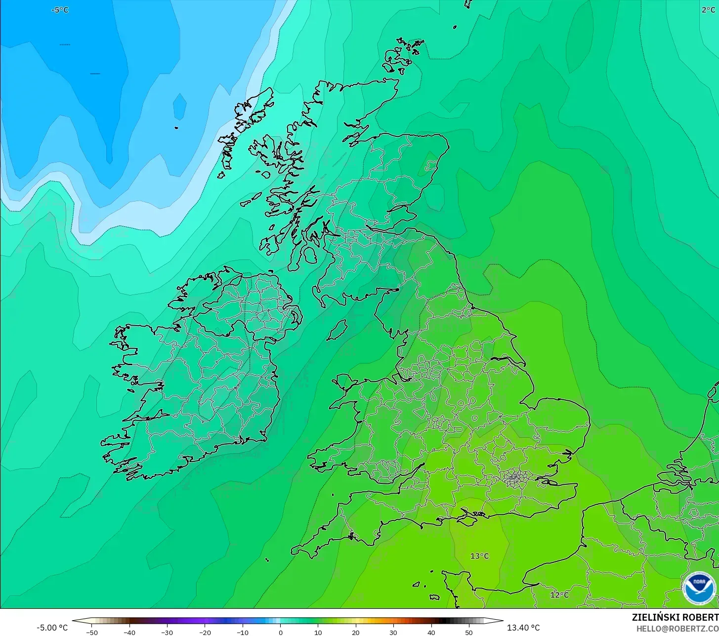 GFS model - United Kingdom, Temperature at 850hPa