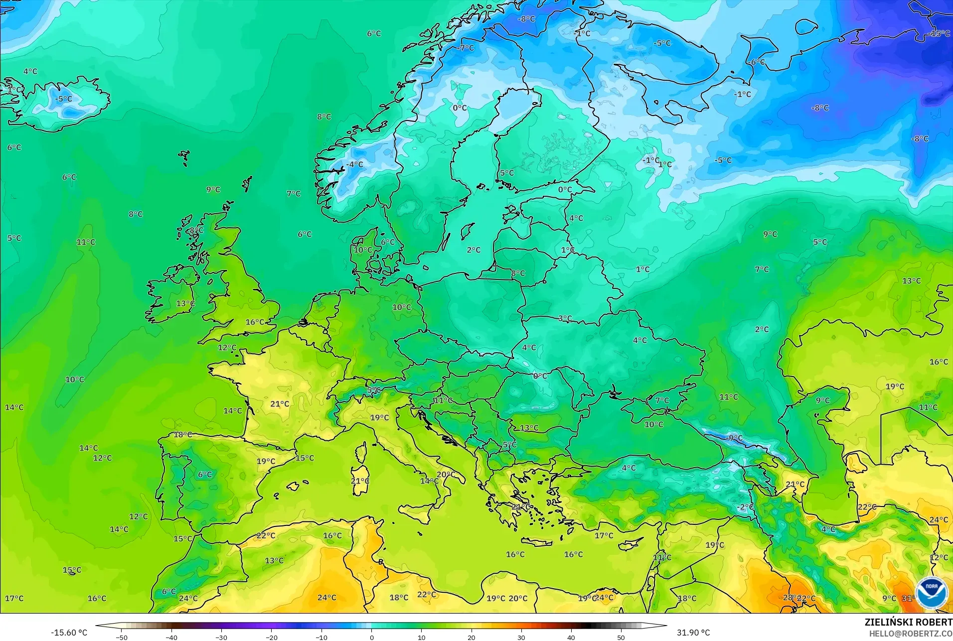 GFS model - Europe, Temperature at 2m