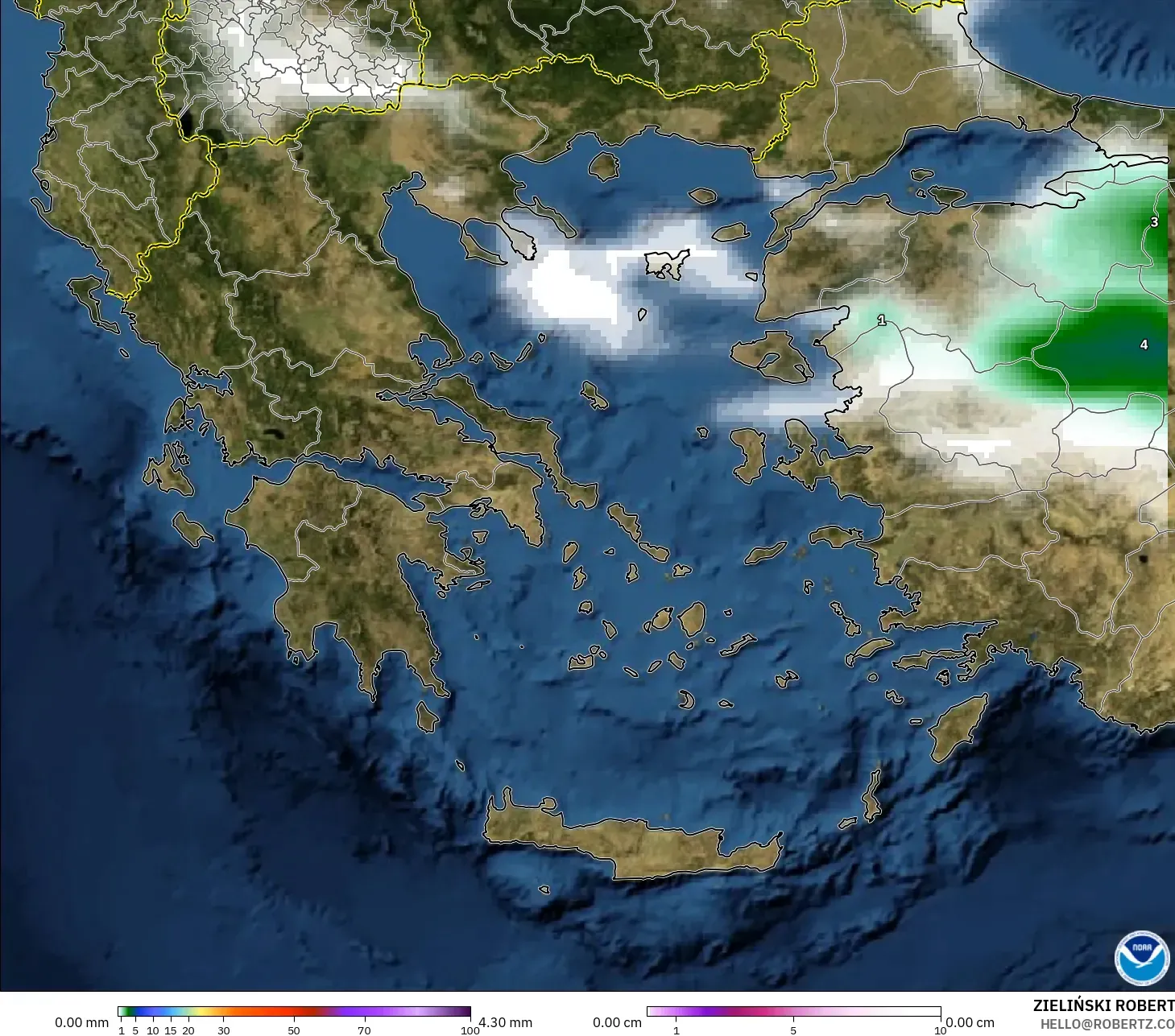 GFS model - Greece, Precipitation, Clouds, and Pressure