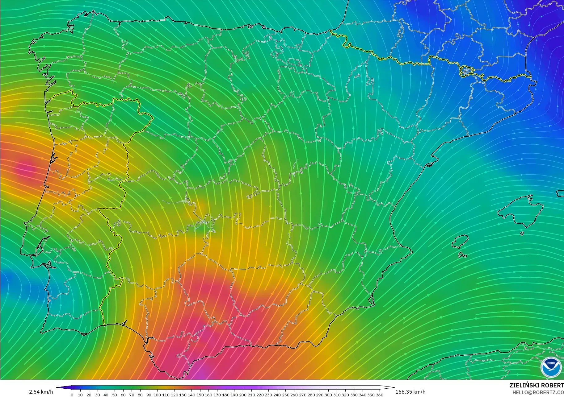 GFS model - Spain, Wind at 300hPa (jet stream)