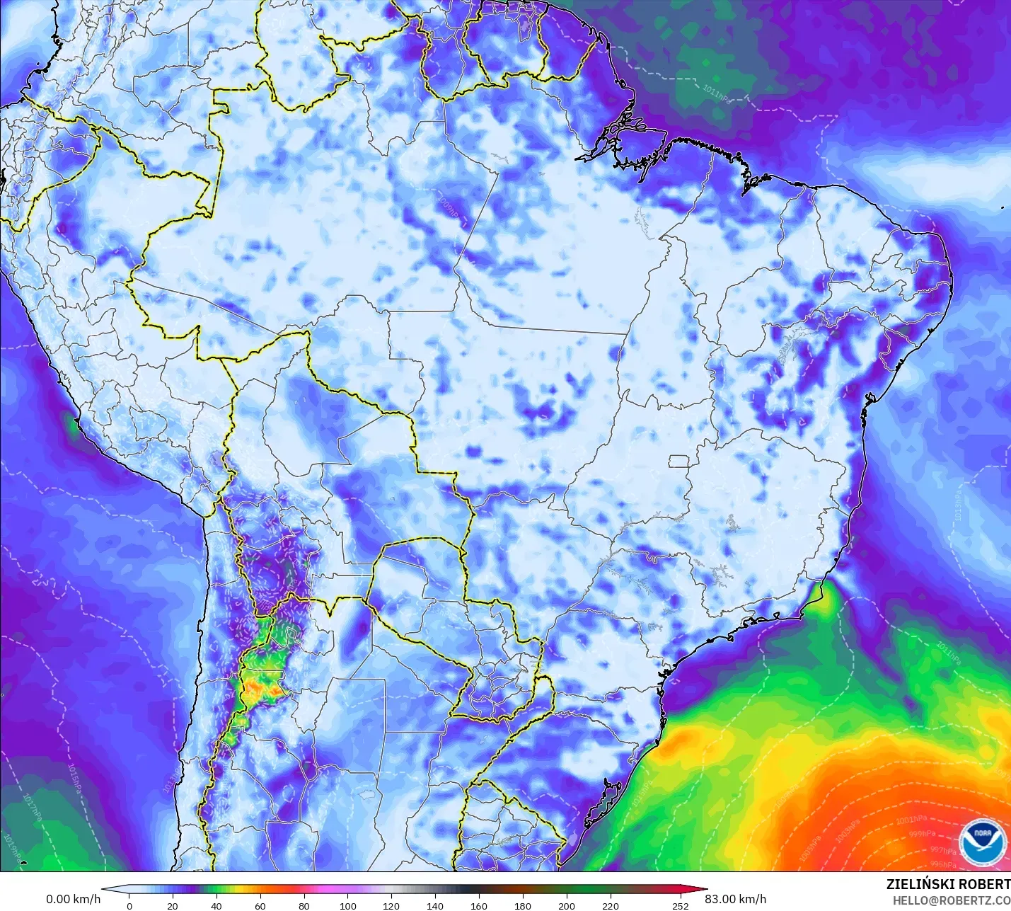 GFS model - Brazil, Hembusan Tertinggi