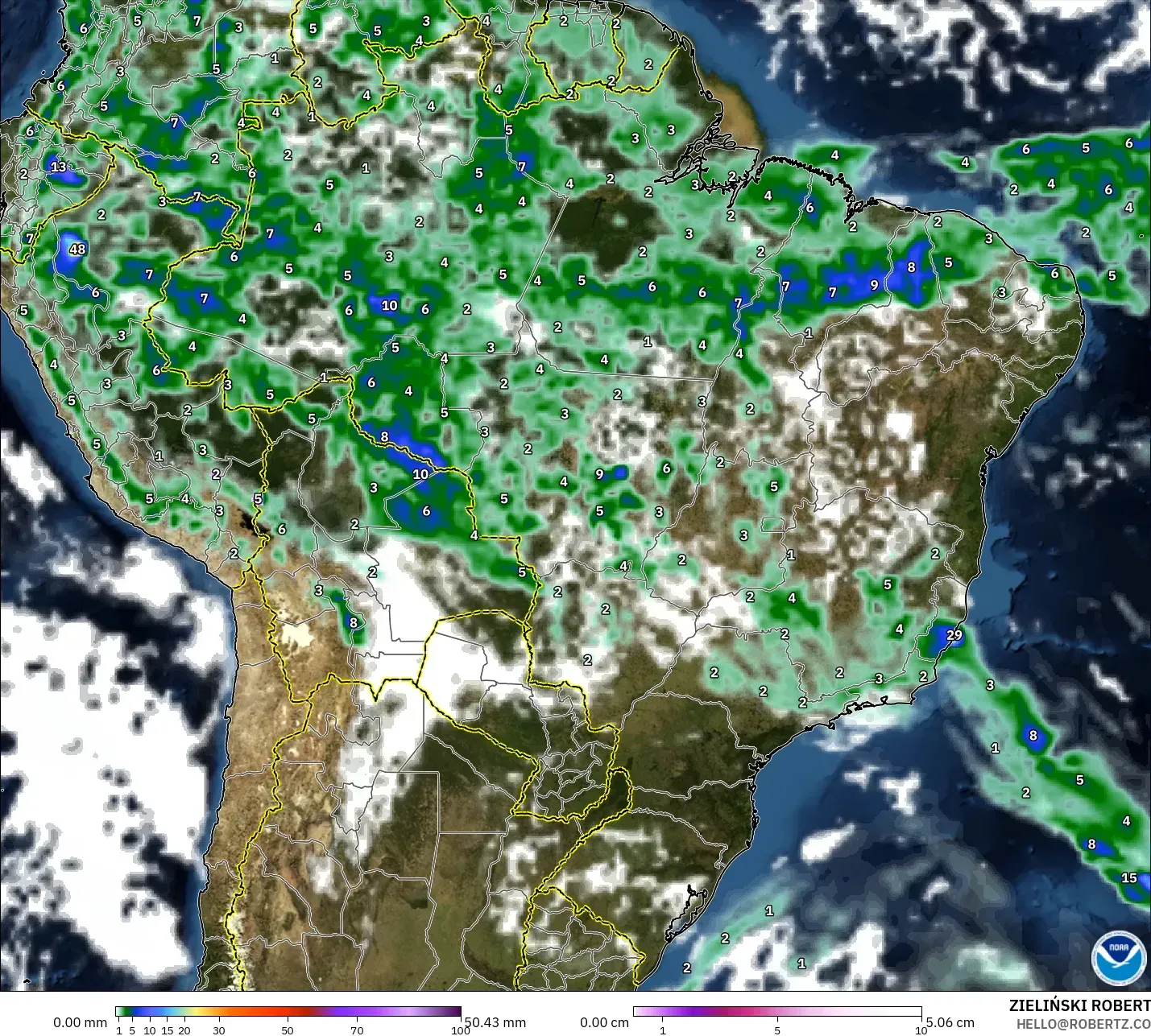 GFS model - Brazil, Hujan, Awan dan Tekanan