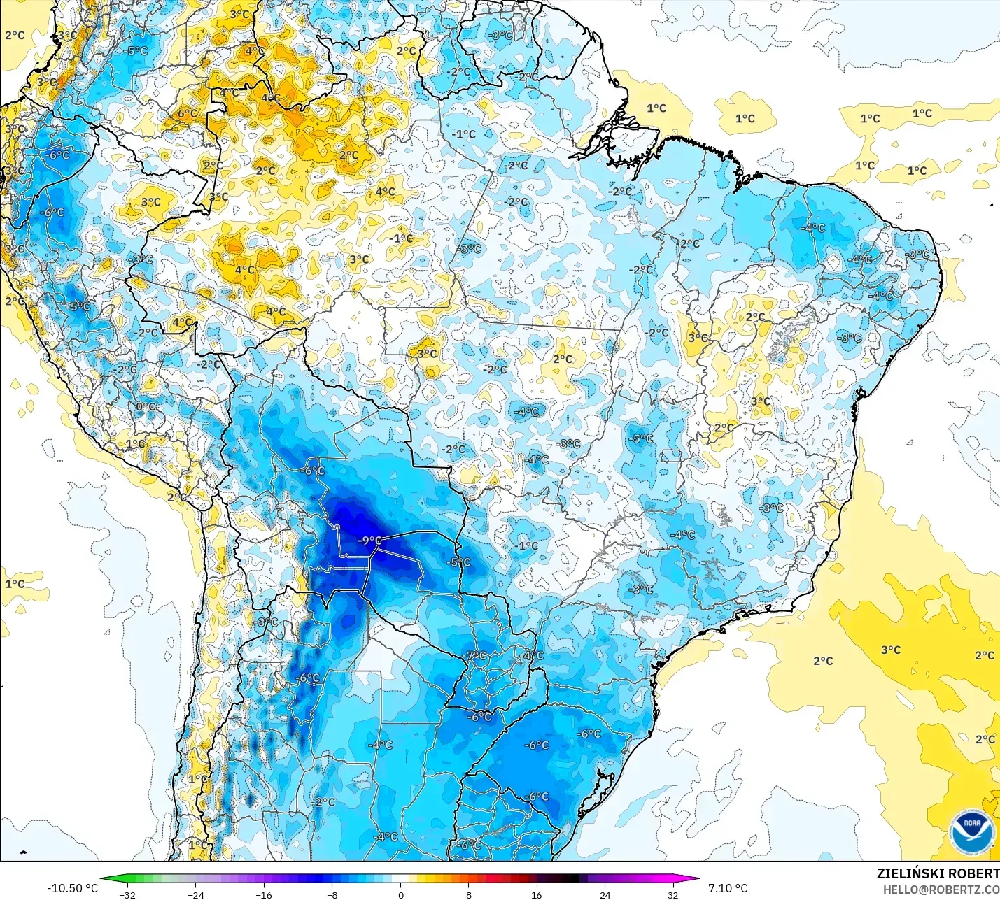 GFS model - Brazil, Anomali Suhu 2 m