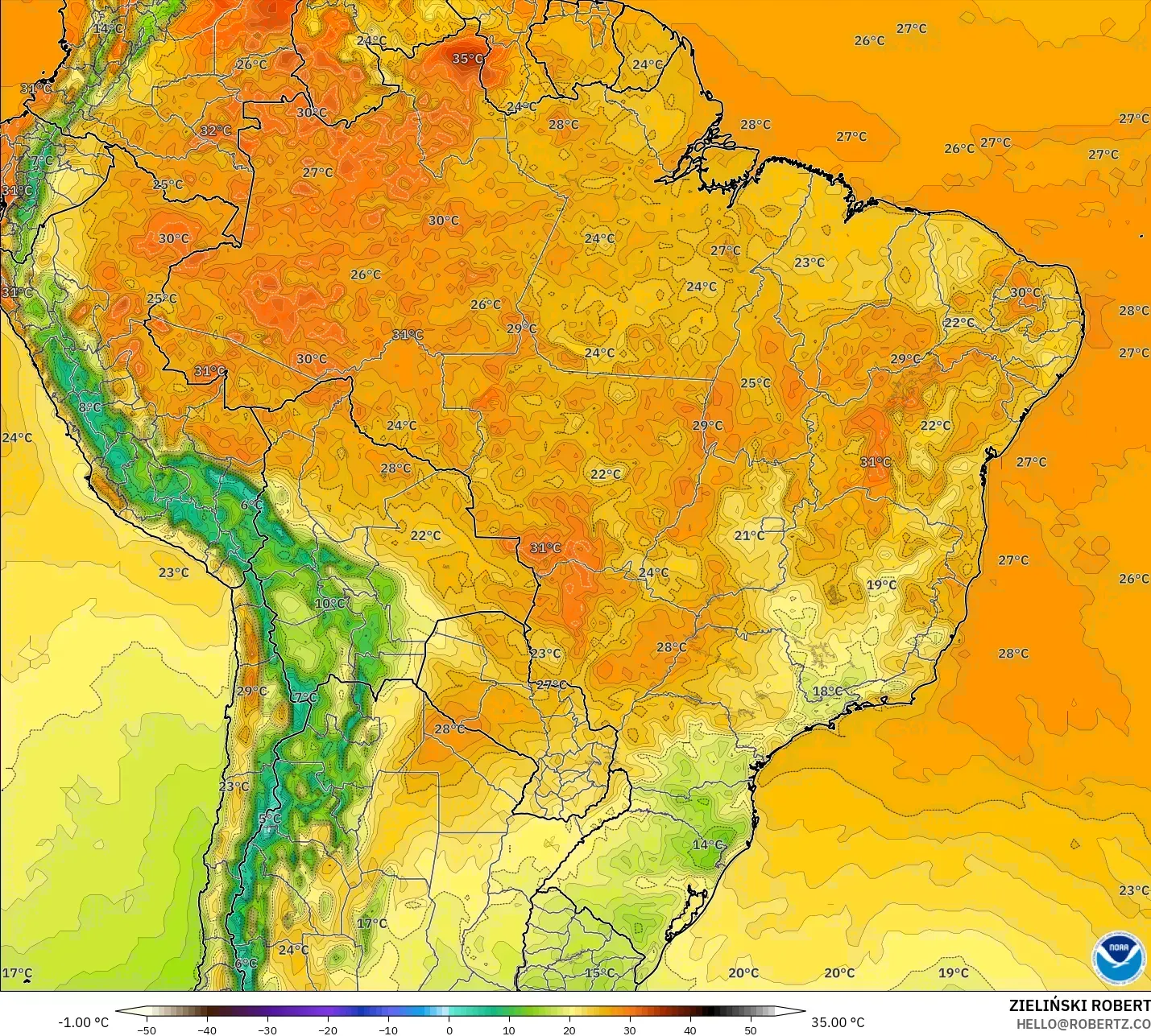 GFS model - Brazil, Suhu pada 2 m