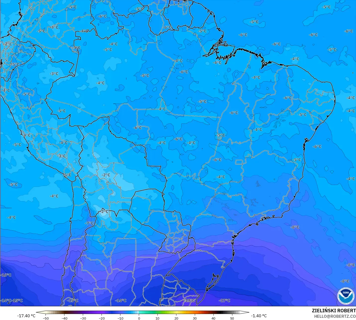 GFS model - Brazil, Suhu 500 hPa