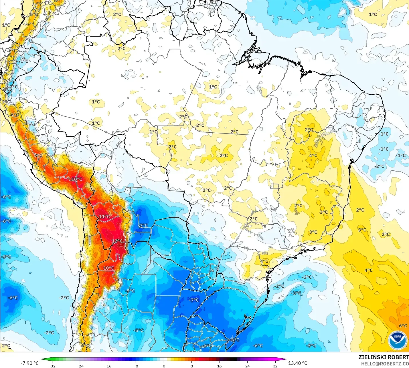 GFS model - Brazil, Anomali Suhu 850 hPa