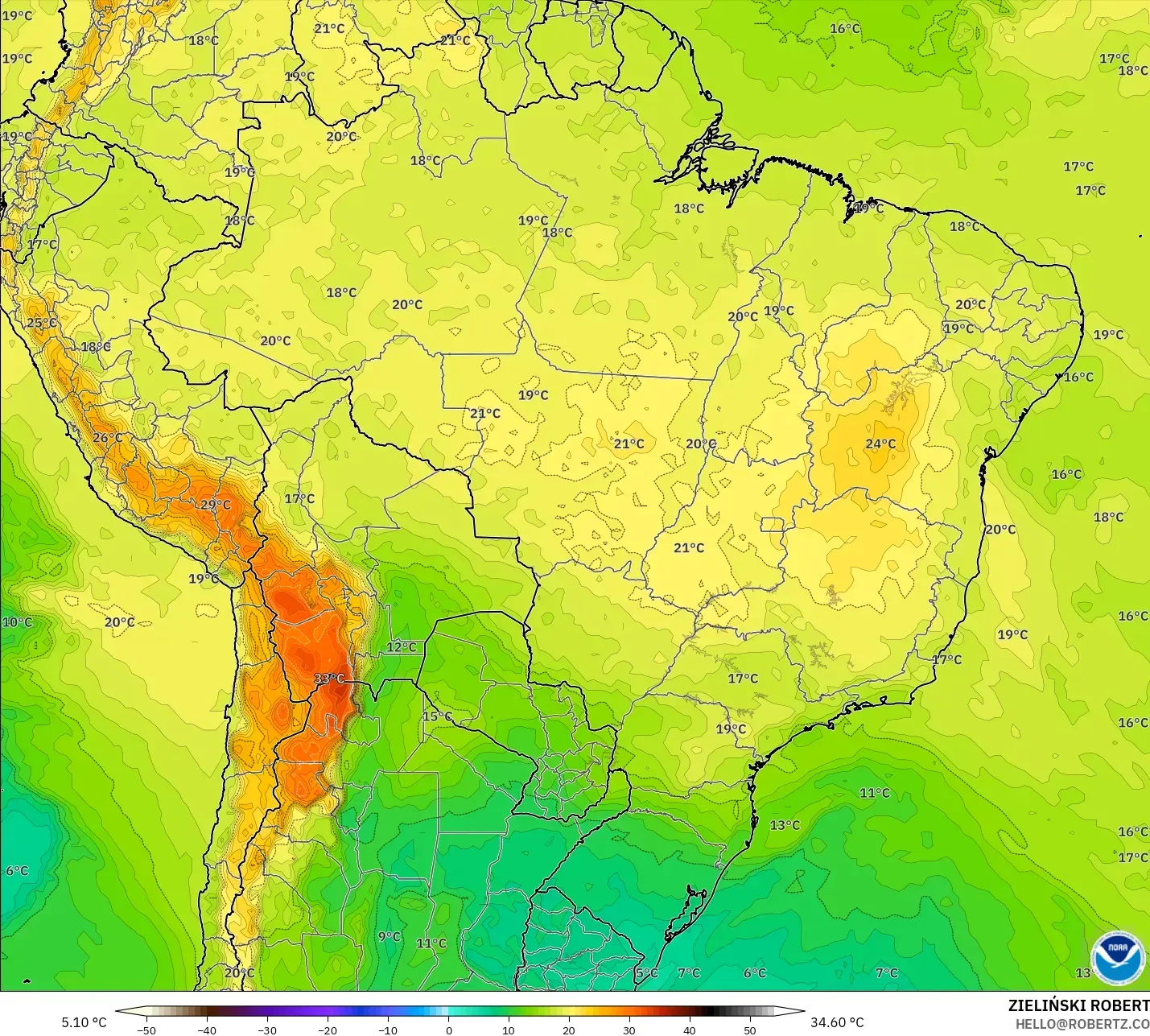 GFS model - Brazil, Suhu 850 hPa