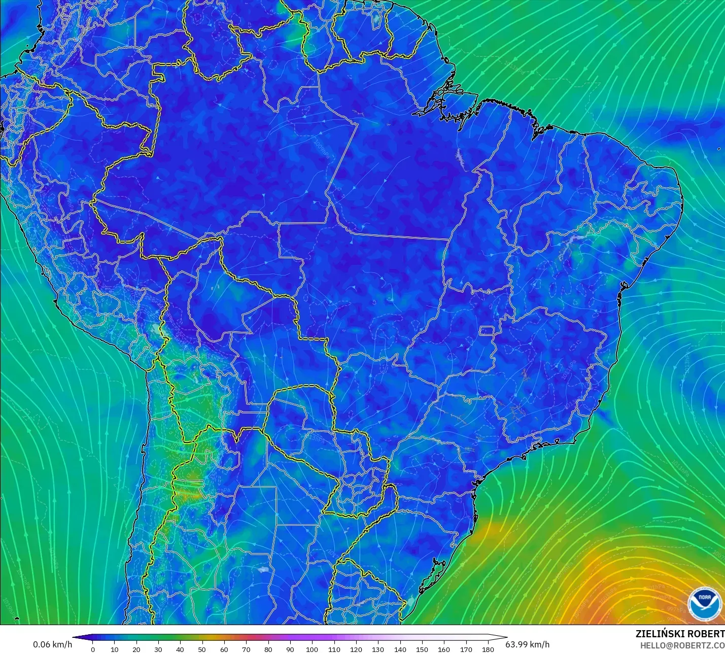 GFS model - Brazil, Angin 10 m