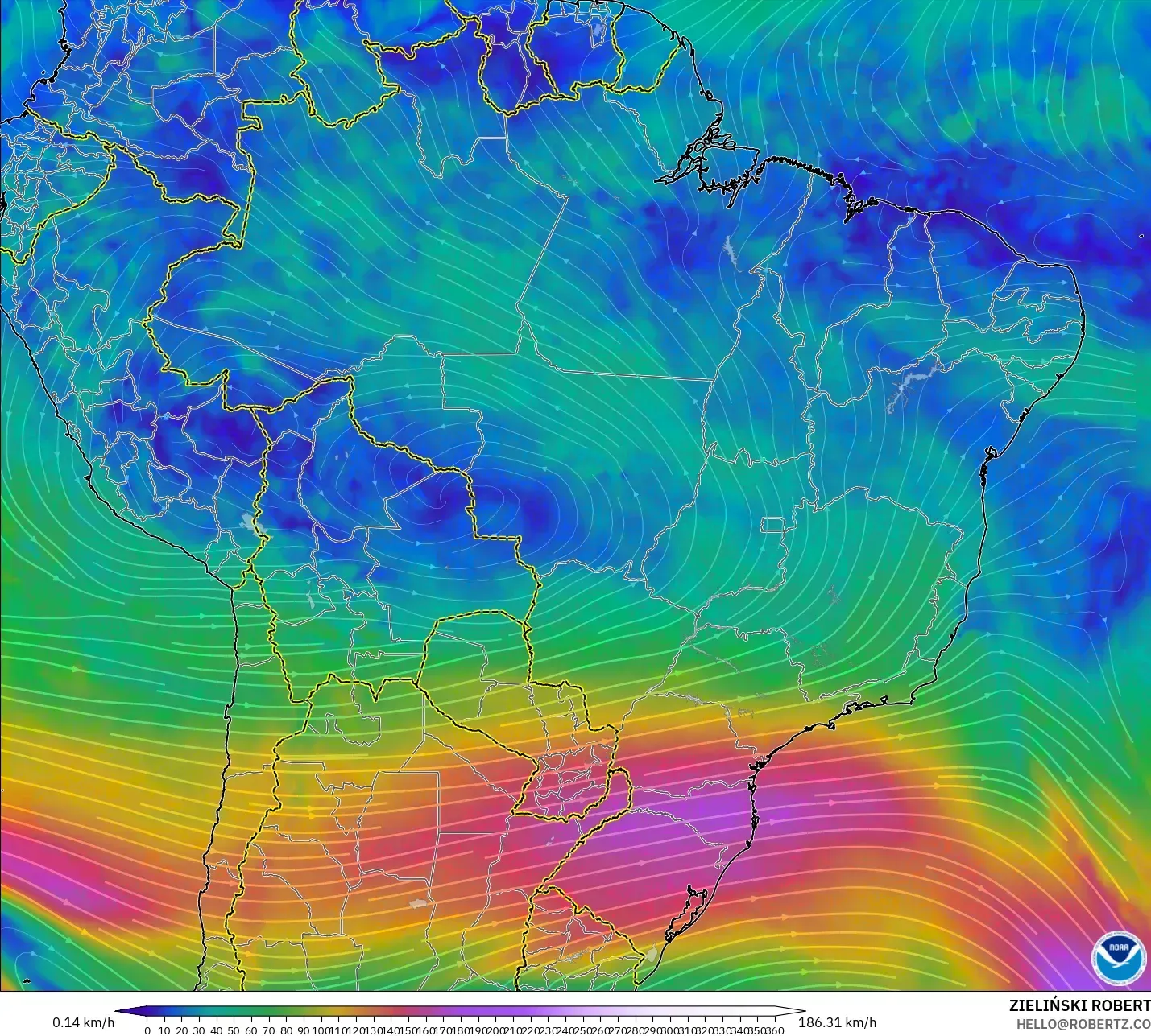 GFS model - Brazil, Angin 300 hPa (aliran jet)