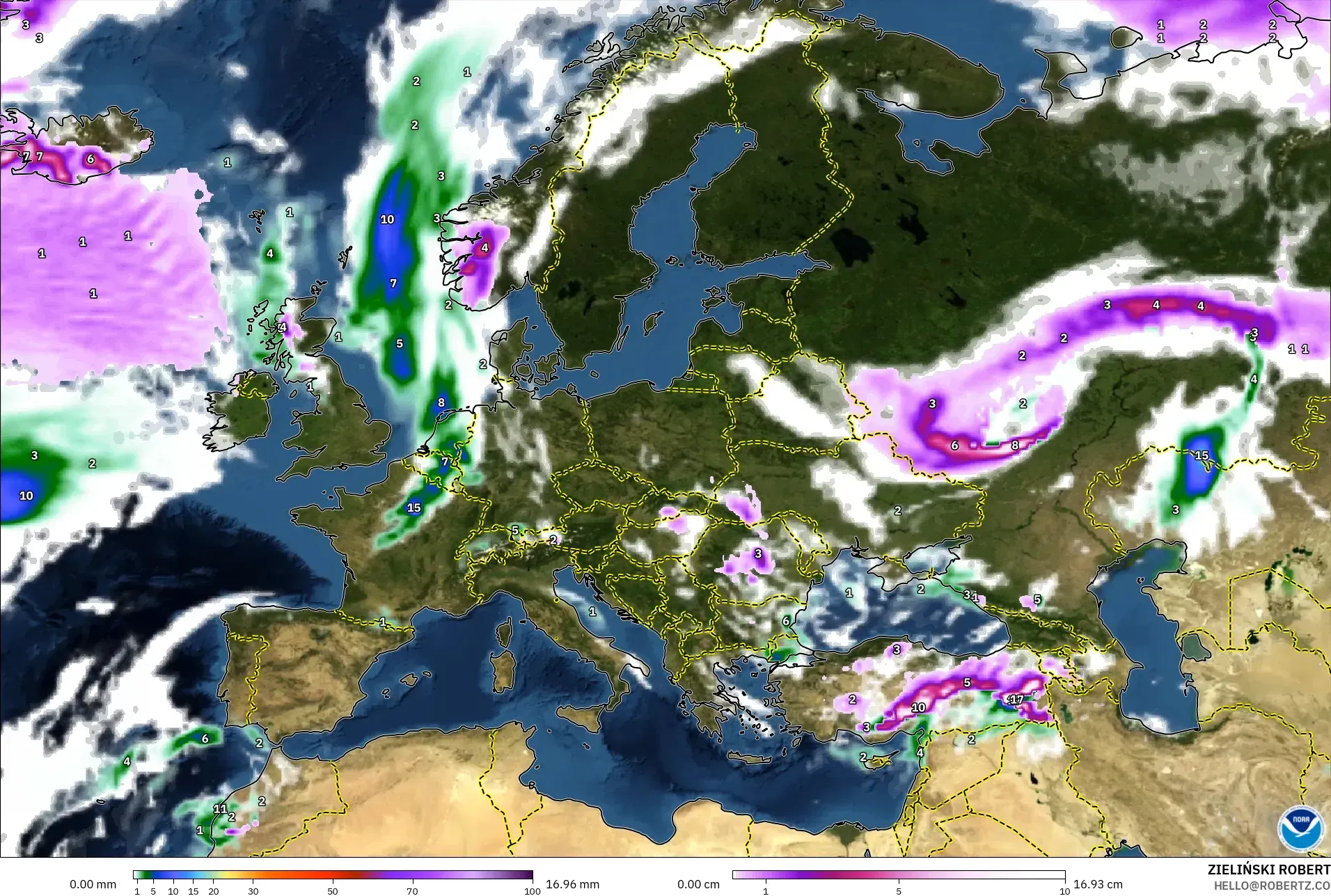 GFS model - Eropah, Hujan, Awan dan Tekanan