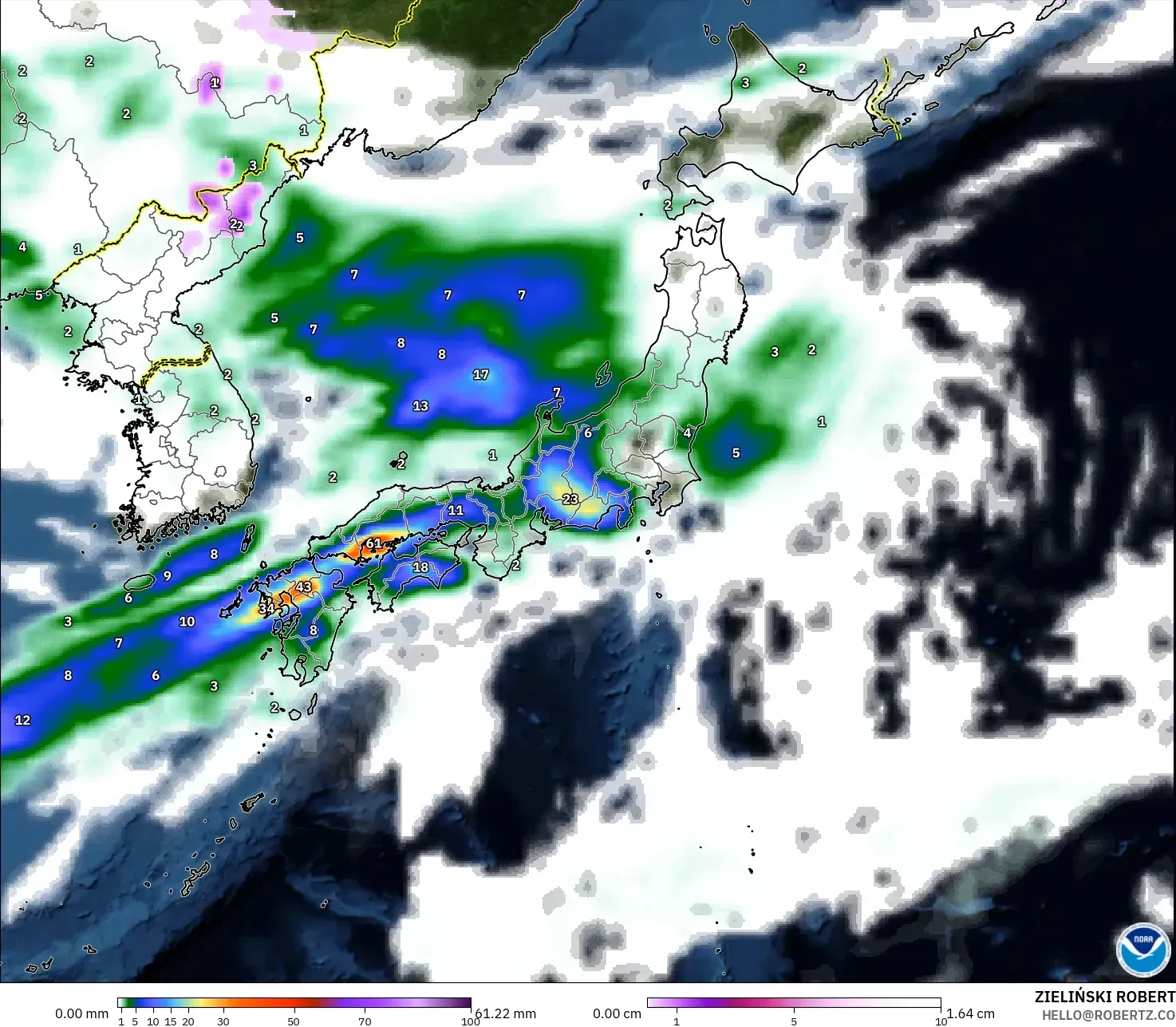 GFS model - Jepun, Hujan, Awan dan Tekanan