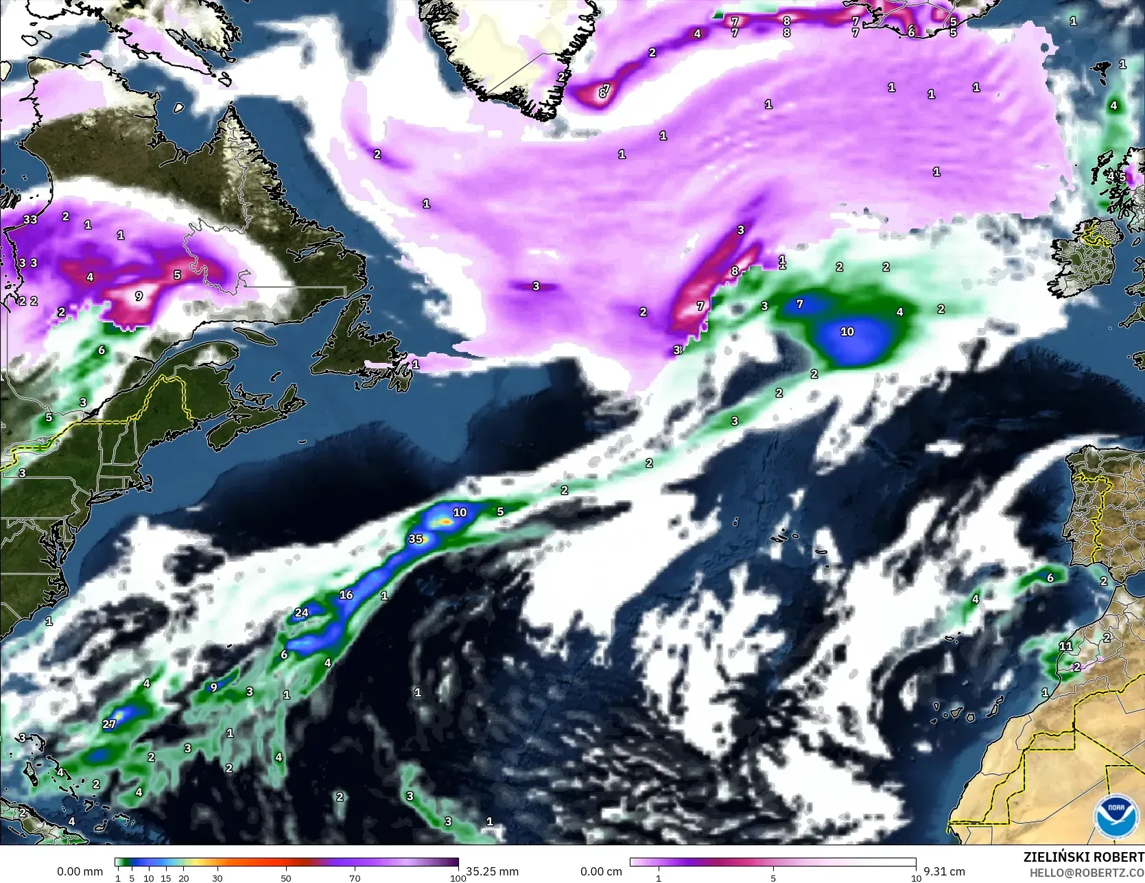 GFS model - Atlantik Utara, Hujan, Awan dan Tekanan