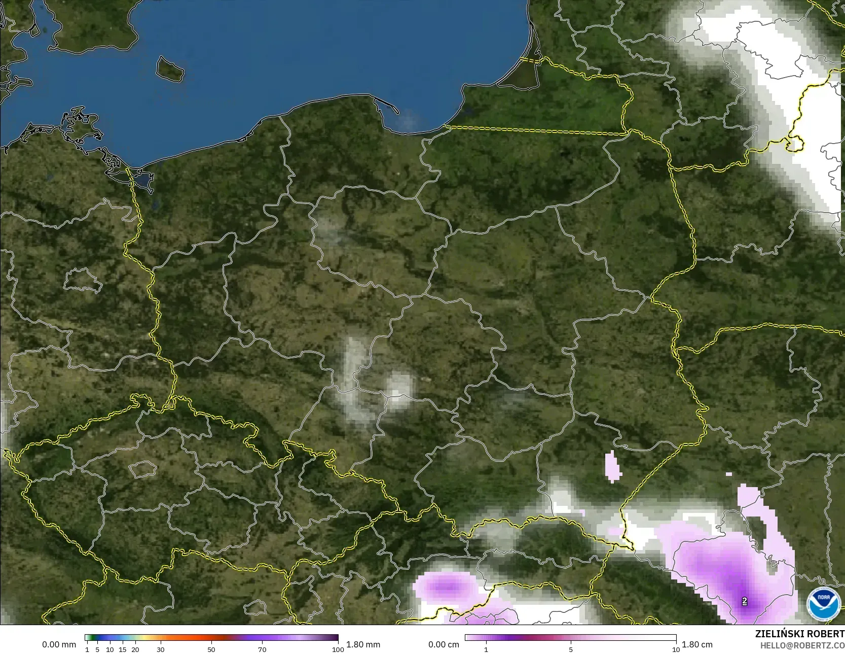 GFS modelo - Poland, Precipitation, Clouds, and Pressure