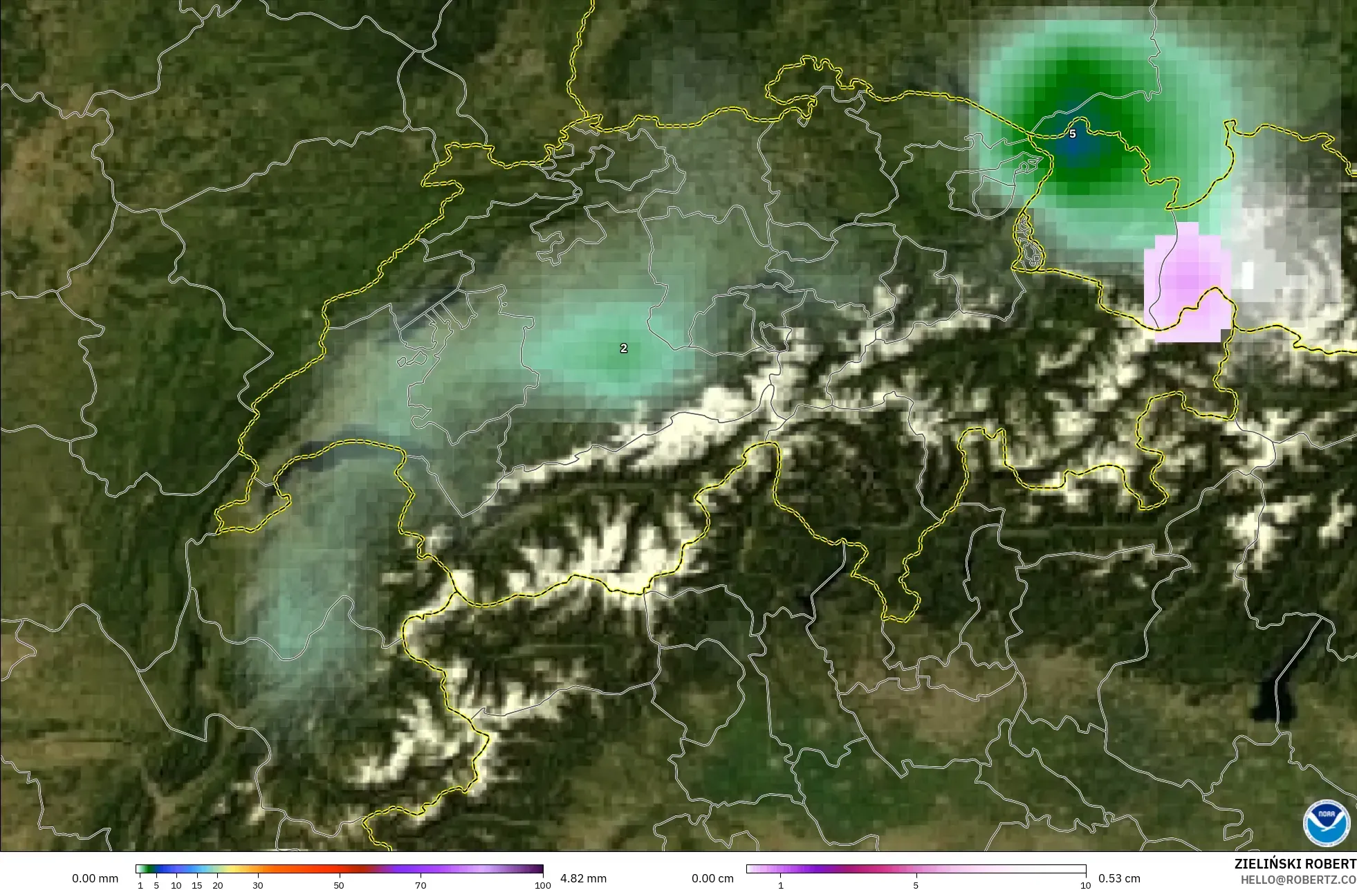GFS model - Switzerland, Hujan, Awan dan Tekanan