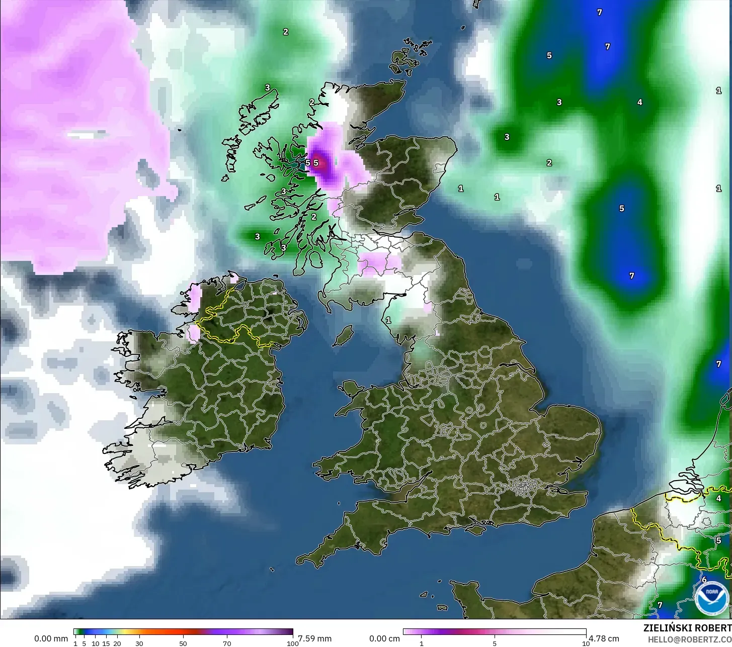 GFS model - United Kingdom, Hujan, Awan dan Tekanan