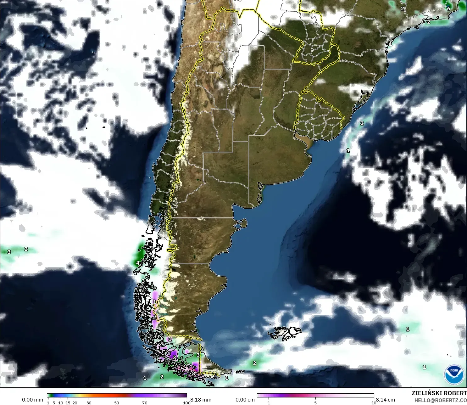 GFS model - Argentina, Hujan, Awan dan Tekanan