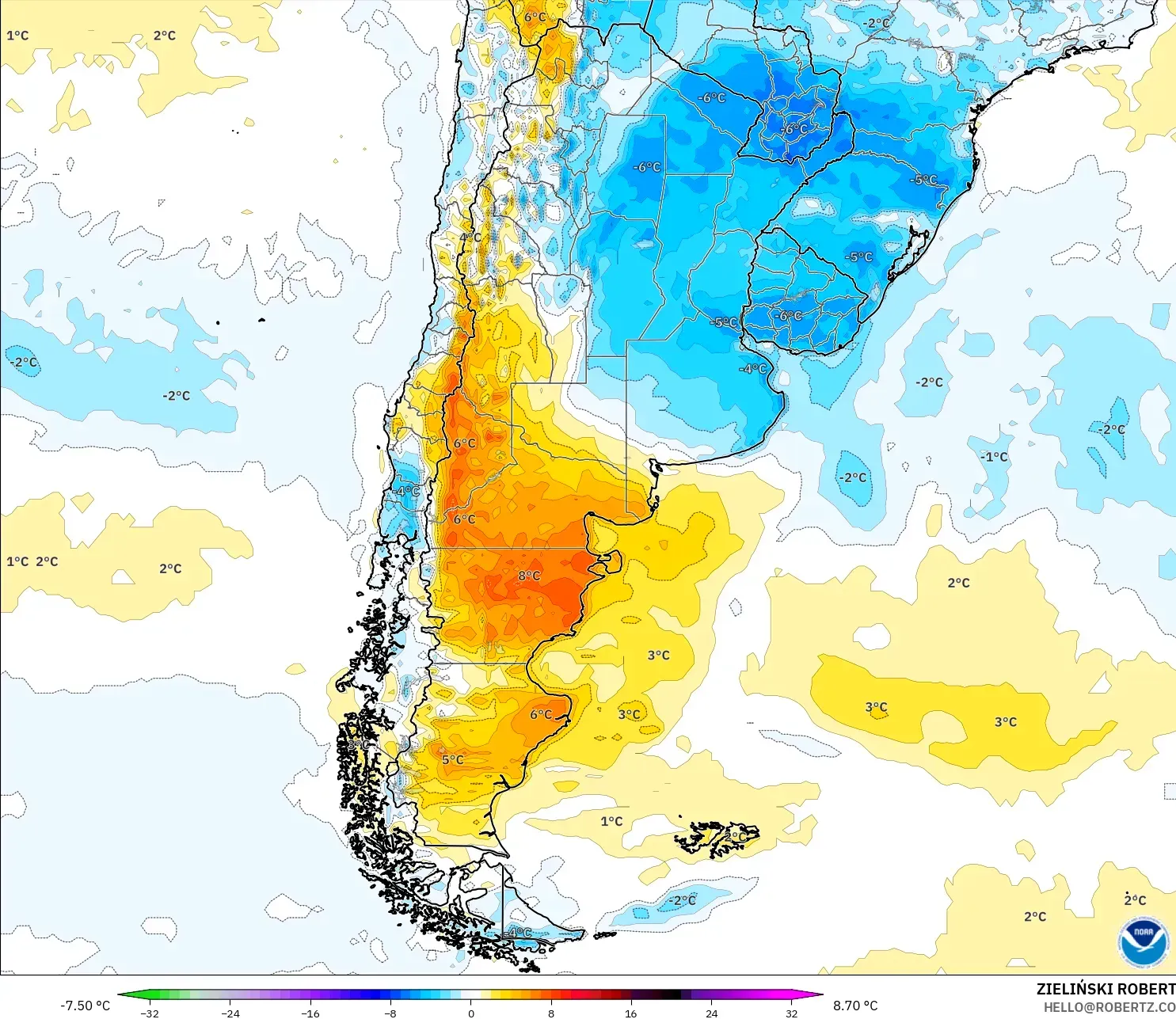 GFS model - Argentina, Anomali Suhu 2 m