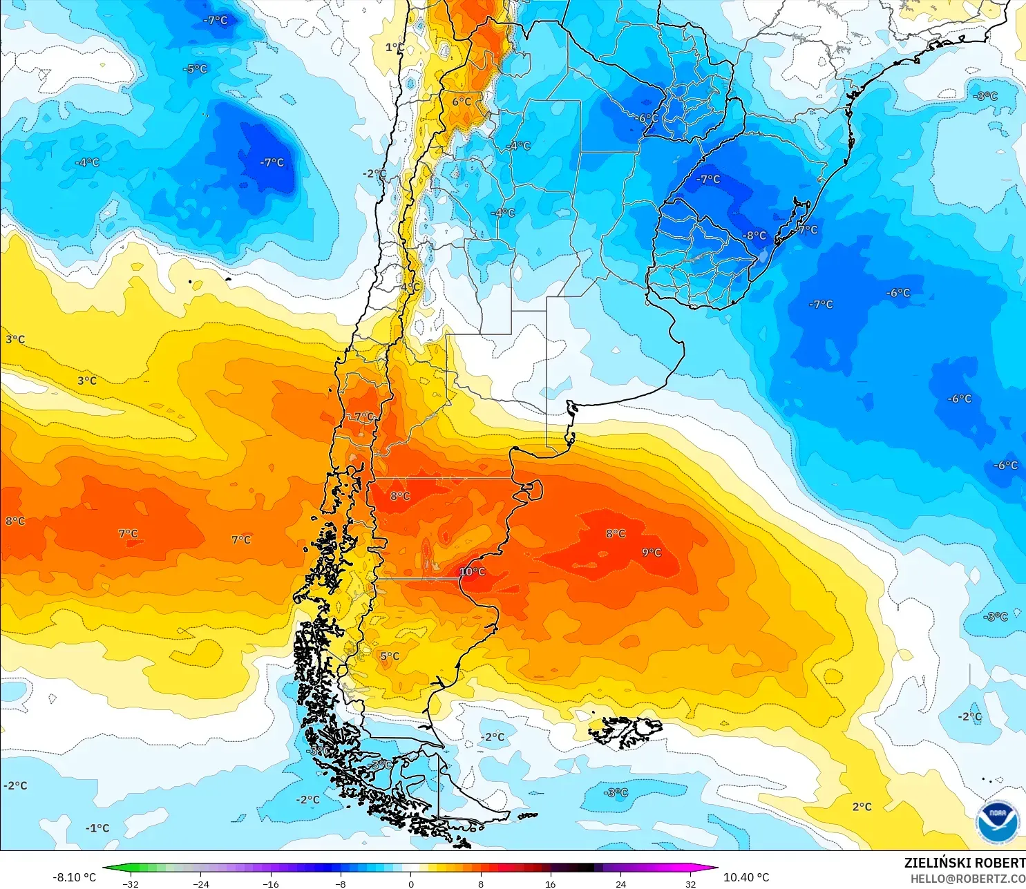 GFS model - Argentina, Anomali Suhu 850 hPa