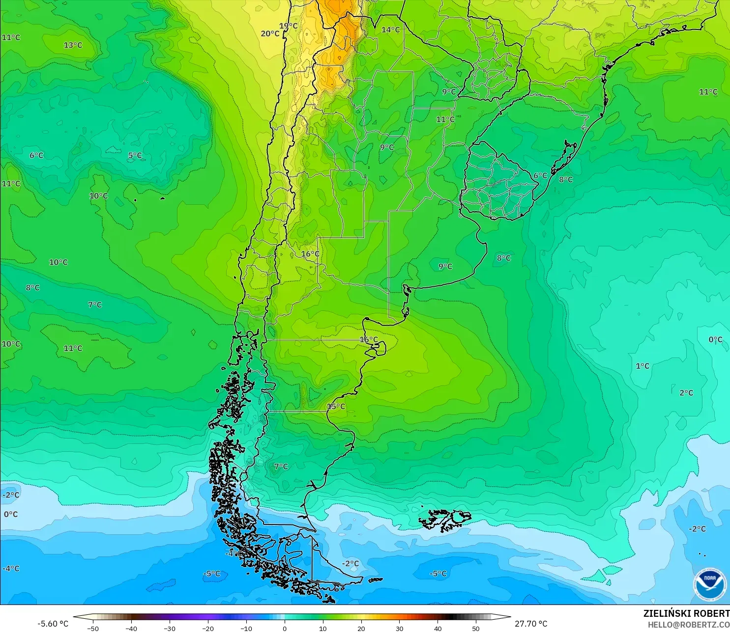 GFS modelo - Argentina, Temperature at 850hPa