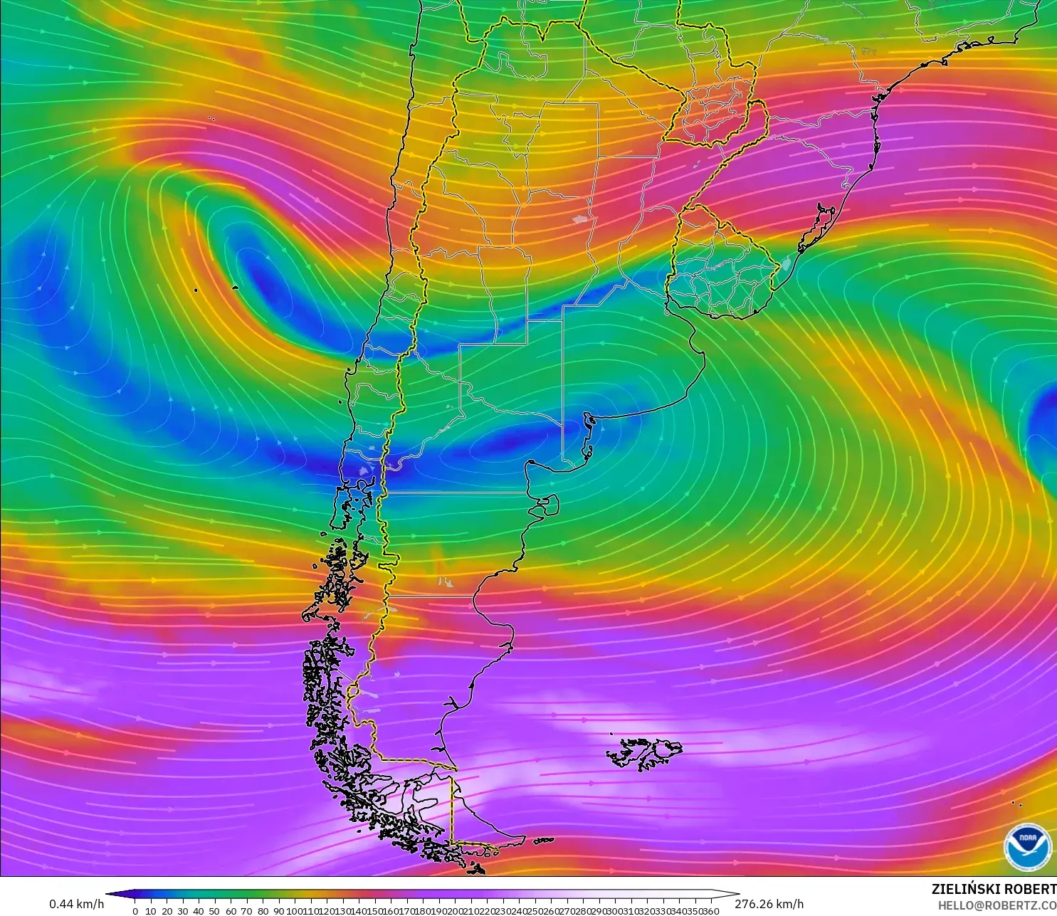 GFS model - Argentina, Angin 300 hPa (aliran jet)