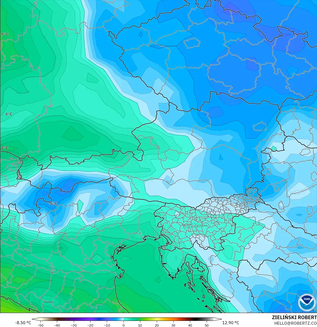 GFS model - Austria, Takat Embun 2 m
