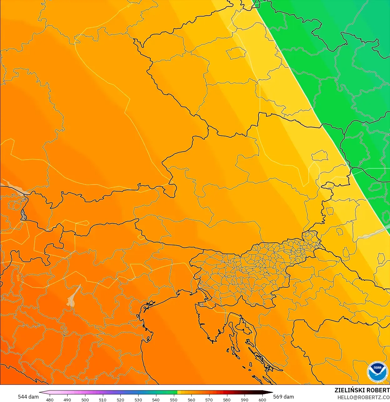 GFS model - Austria, Ketinggian geopotensial pada 500 hPa