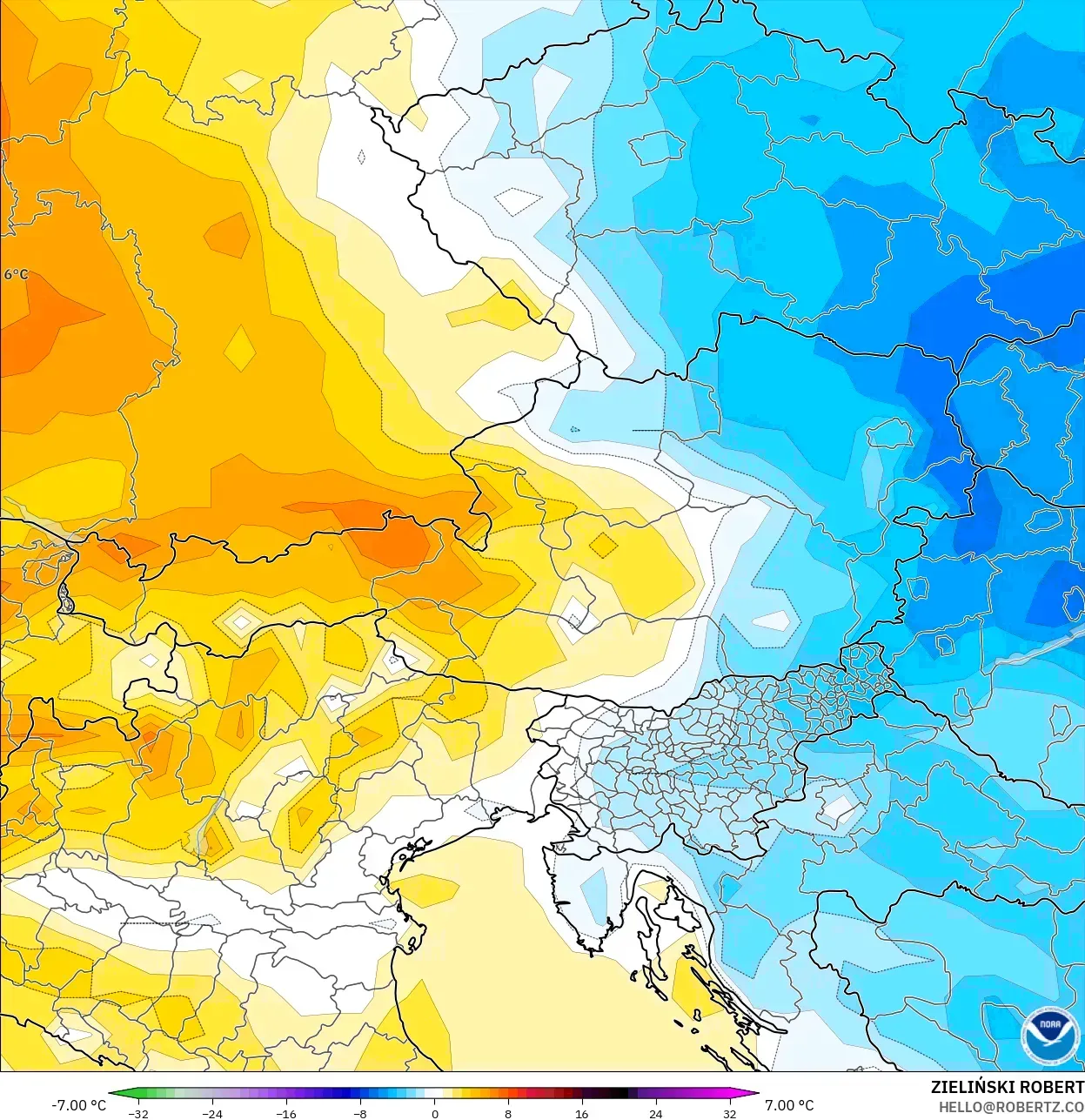 GFS model - Austria, Anomali Suhu 2 m